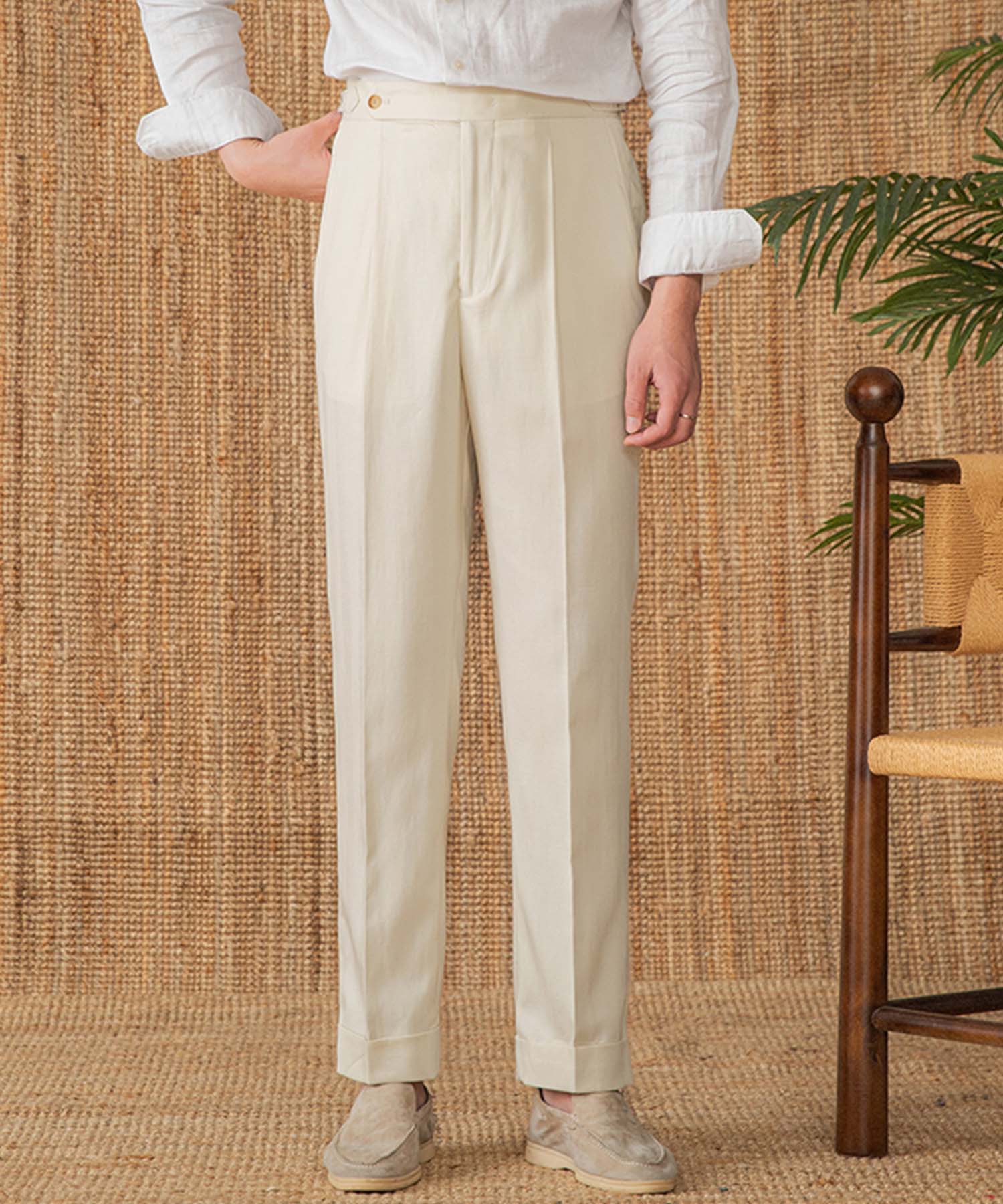 【NEW ITEM】レギュラーフィット 1つボタン ウエストサイドベルト サイズ調整可能 ストレート トラウザー パンツ シワになりにくい クラシック 麻 ダブル スラックス ズボン