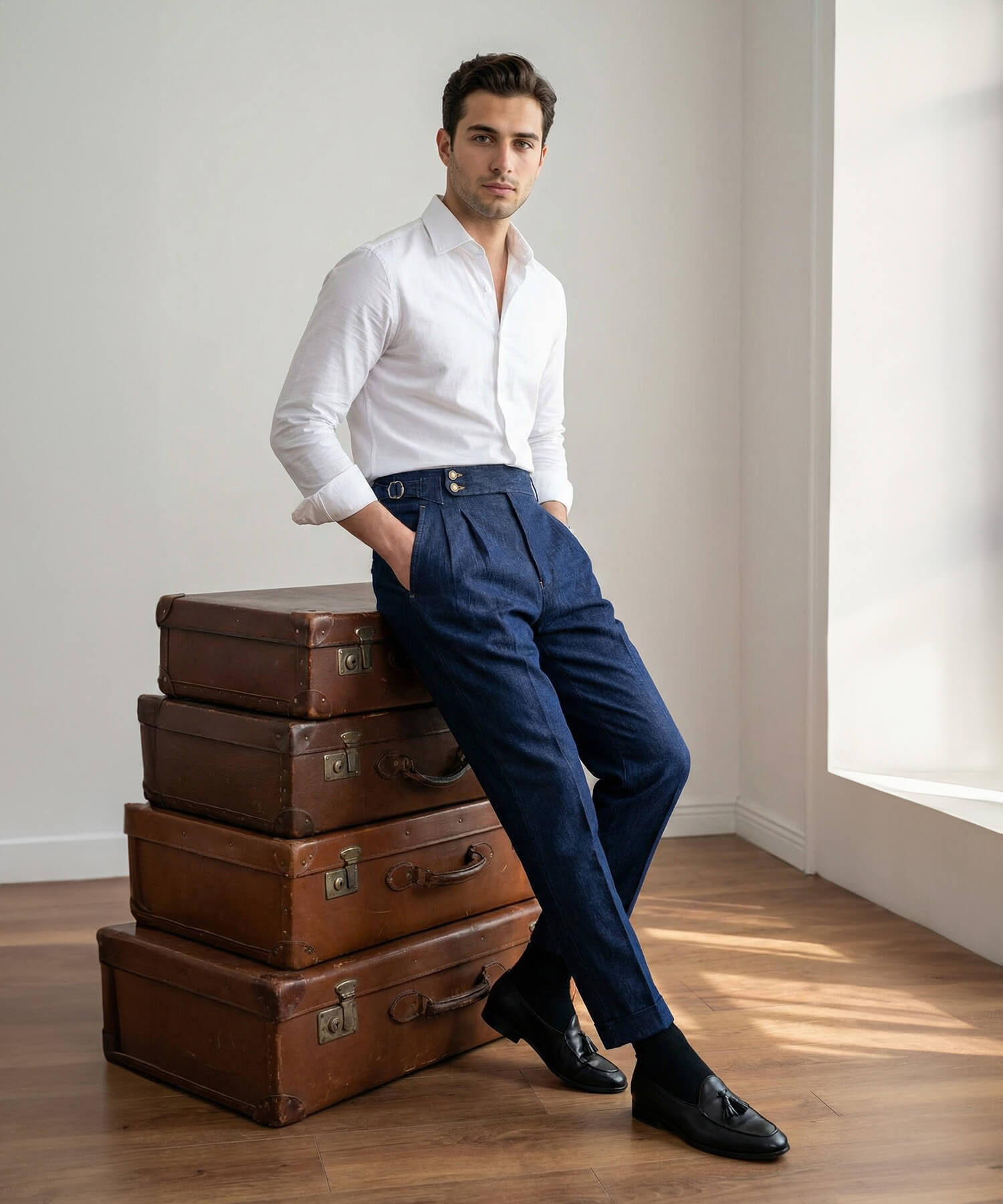 【ドラマ着用】デニム生地 2つボタン ウエストサイドベルト サイズ調整可能 メンズ ストレート トラウザー パンツ シワになりにくい エレガント スラックス ズボン