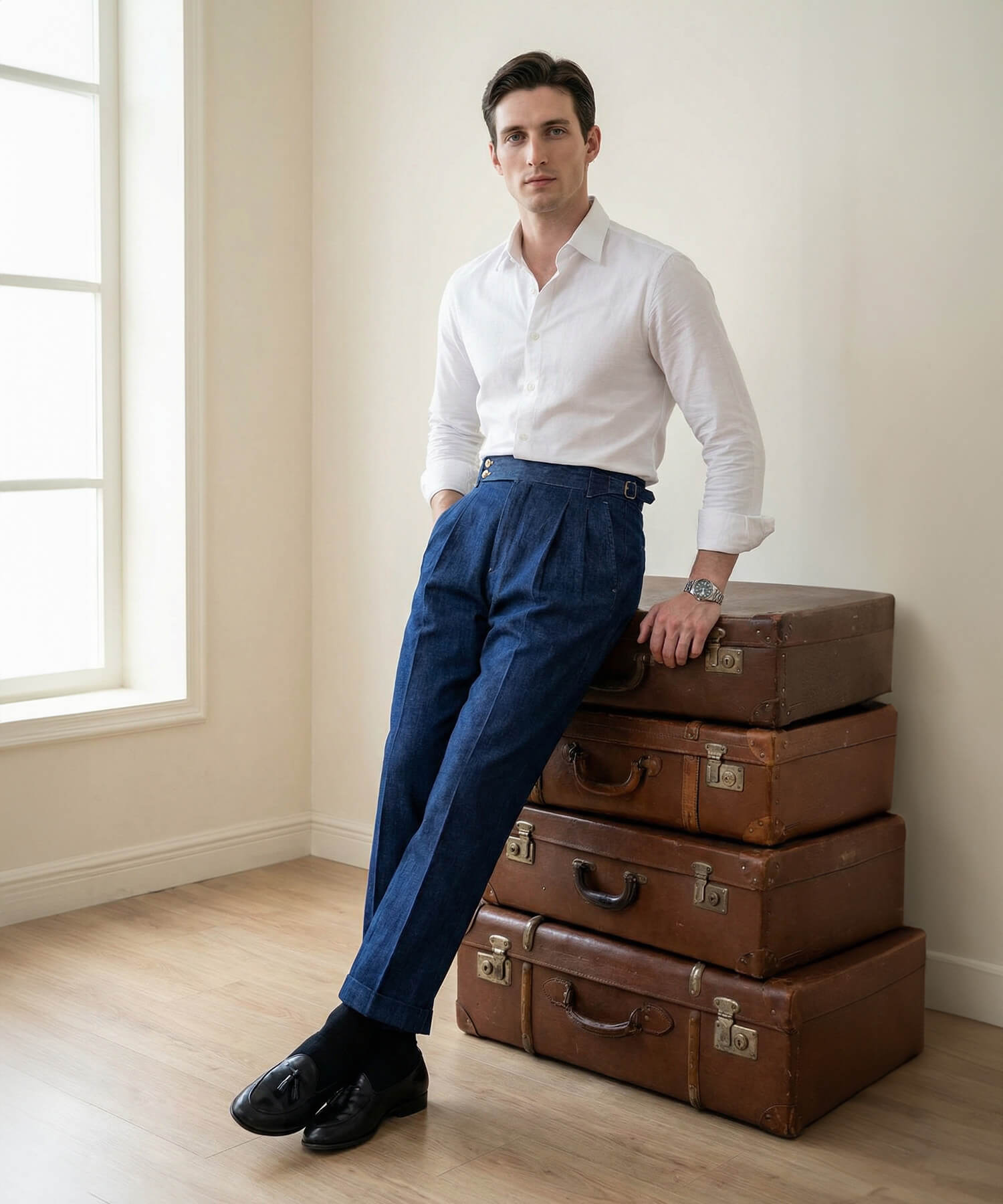 【ドラマ着用】デニム生地 2つボタン ウエストサイドベルト サイズ調整可能 メンズ ストレート トラウザー パンツ シワになりにくい エレガント スラックス ズボン