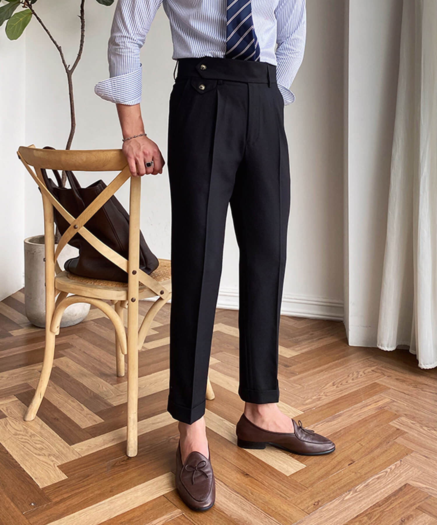 スリムフィット 2つボタン ラップウエストベルト サイズ調整可能 メンズ ストレート トラウザー パンツ シワになりにくい エレガント スラックス ズボン