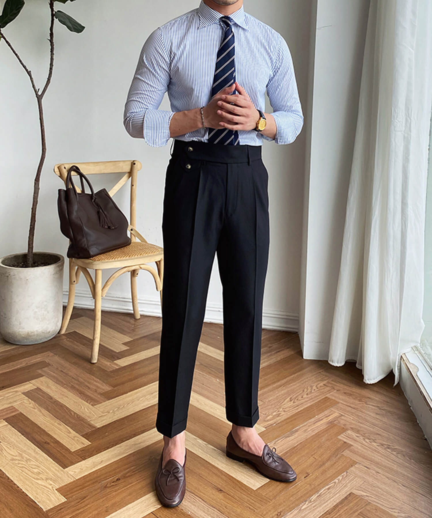 スリムフィット 2つボタン ラップウエストベルト サイズ調整可能 メンズ ストレート トラウザー パンツ シワになりにくい エレガント スラックス ズボン