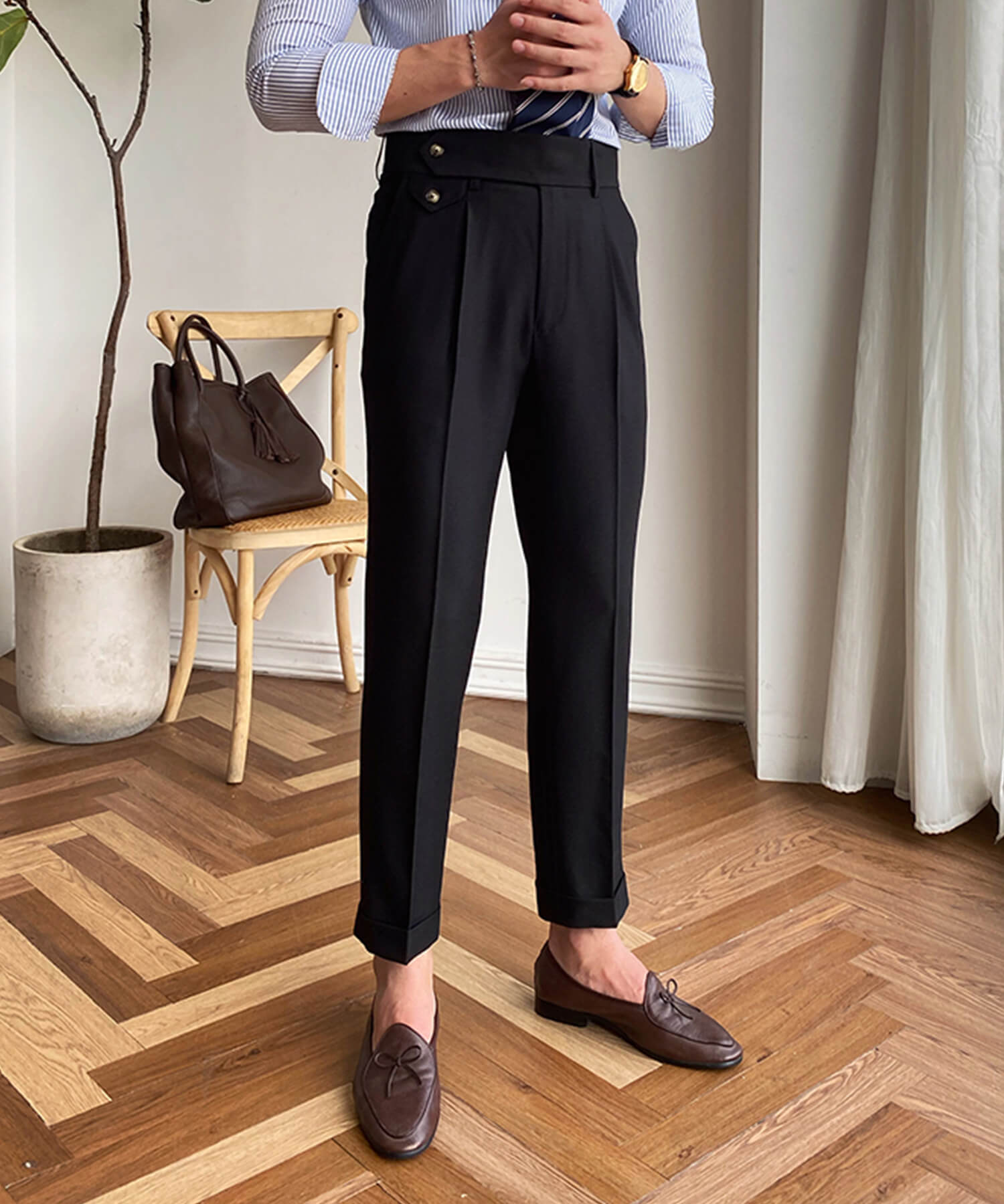 スリムフィット 2つボタン ラップウエストベルト サイズ調整可能 メンズ ストレート トラウザー パンツ シワになりにくい エレガント スラックス ズボン