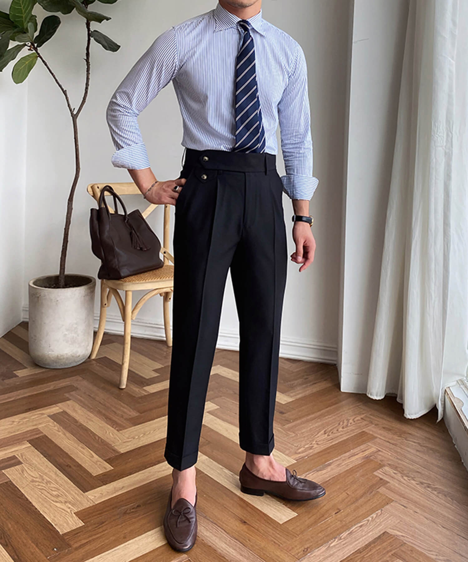 スリムフィット 2つボタン ラップウエストベルト サイズ調整可能 メンズ ストレート トラウザー パンツ シワになりにくい エレガント スラックス ズボン
