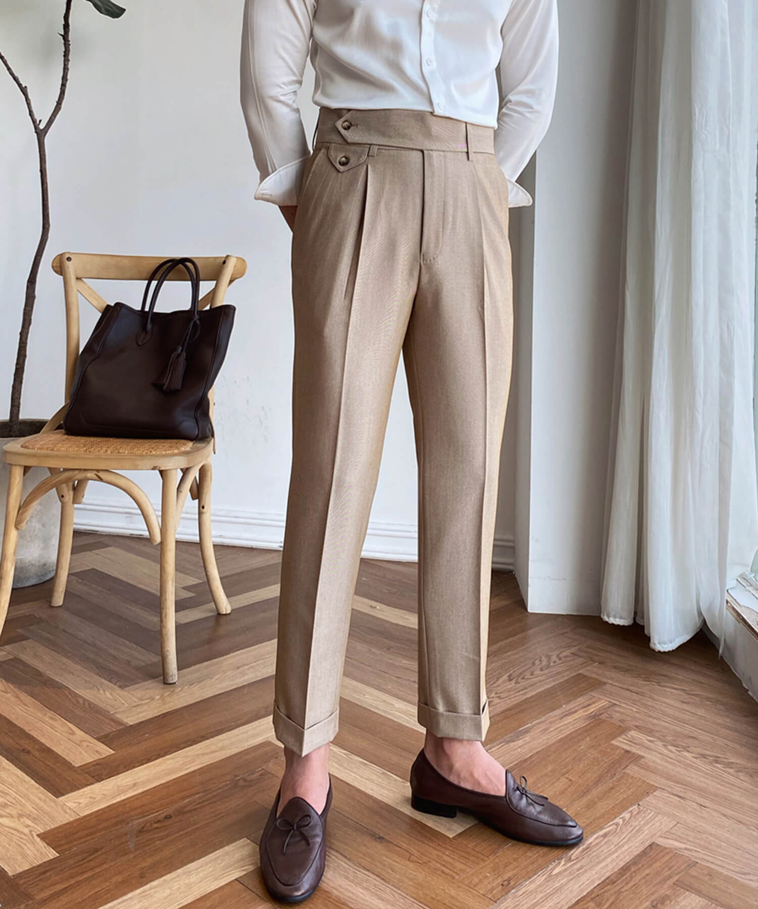 スリムフィット 2つボタン ラップウエストベルト サイズ調整可能 メンズ ストレート トラウザー パンツ シワになりにくい エレガント スラックス ズボン