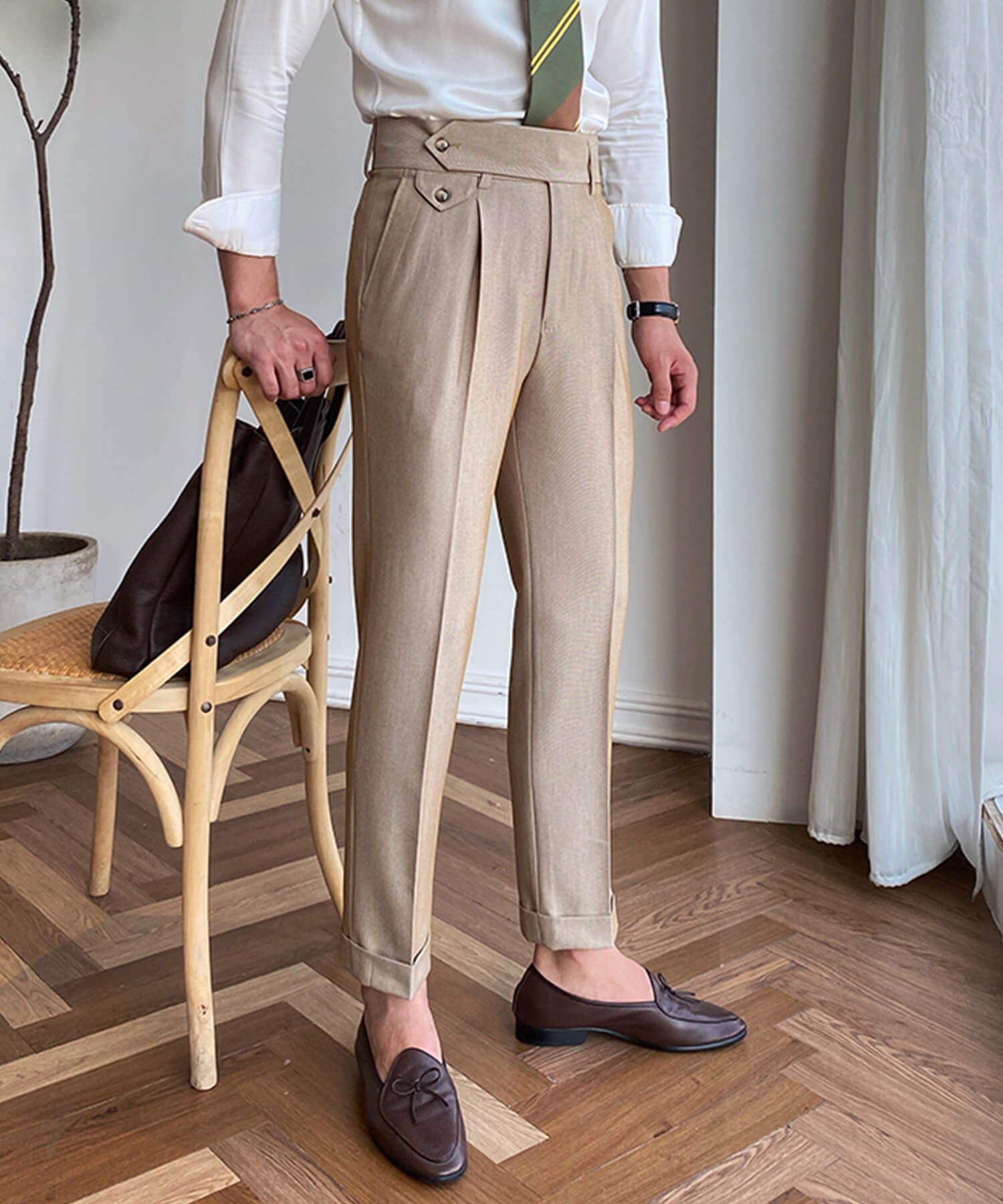 スリムフィット 2つボタン ラップウエストベルト サイズ調整可能 メンズ ストレート トラウザー パンツ シワになりにくい エレガント スラックス ズボン