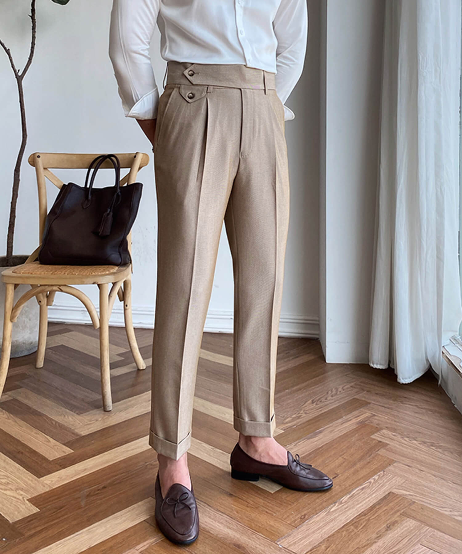 スリムフィット 2つボタン ラップウエストベルト サイズ調整可能 メンズ ストレート トラウザー パンツ シワになりにくい エレガント スラックス ズボン