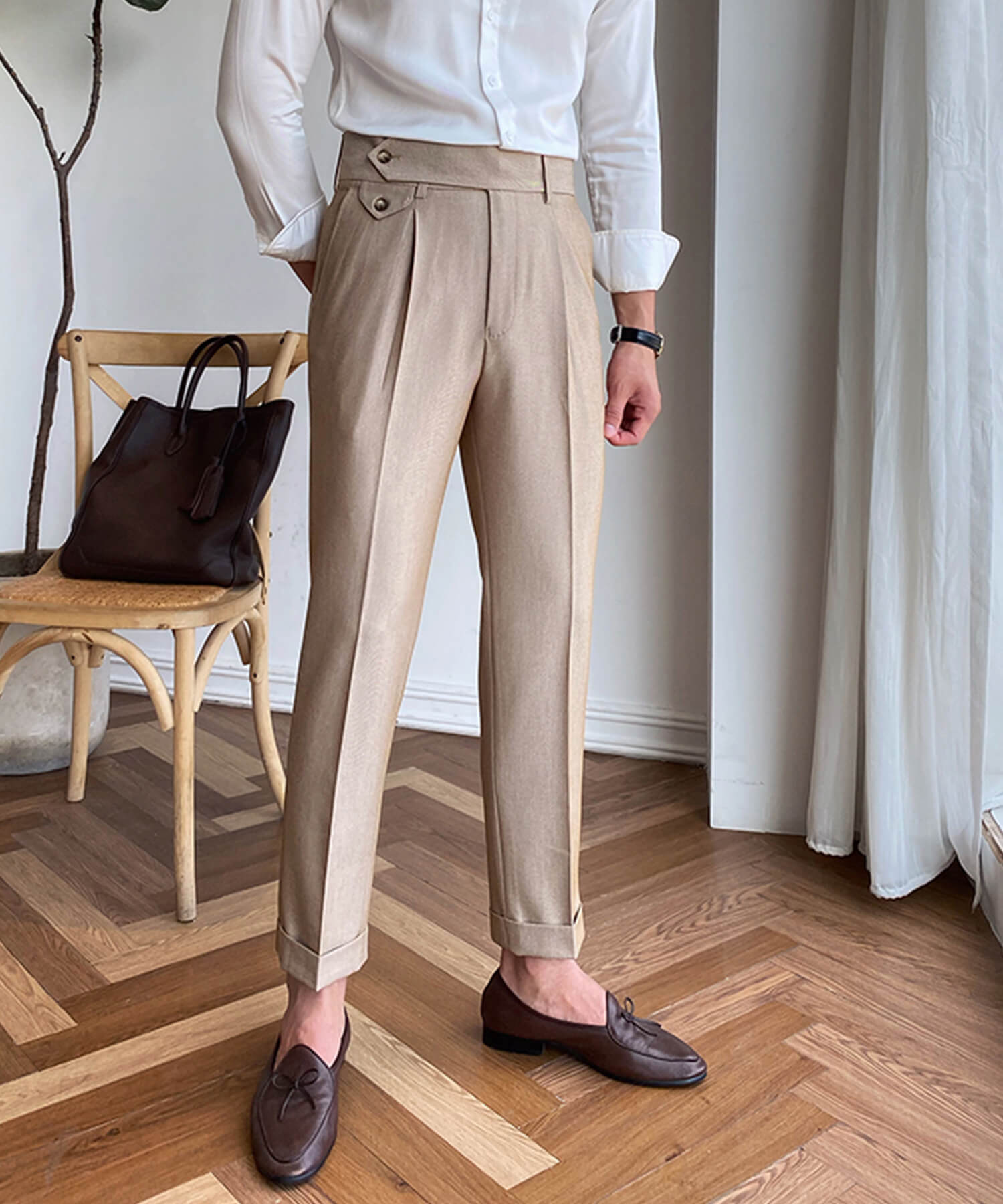 スリムフィット 2つボタン ラップウエストベルト サイズ調整可能 メンズ ストレート トラウザー パンツ シワになりにくい エレガント スラックス ズボン