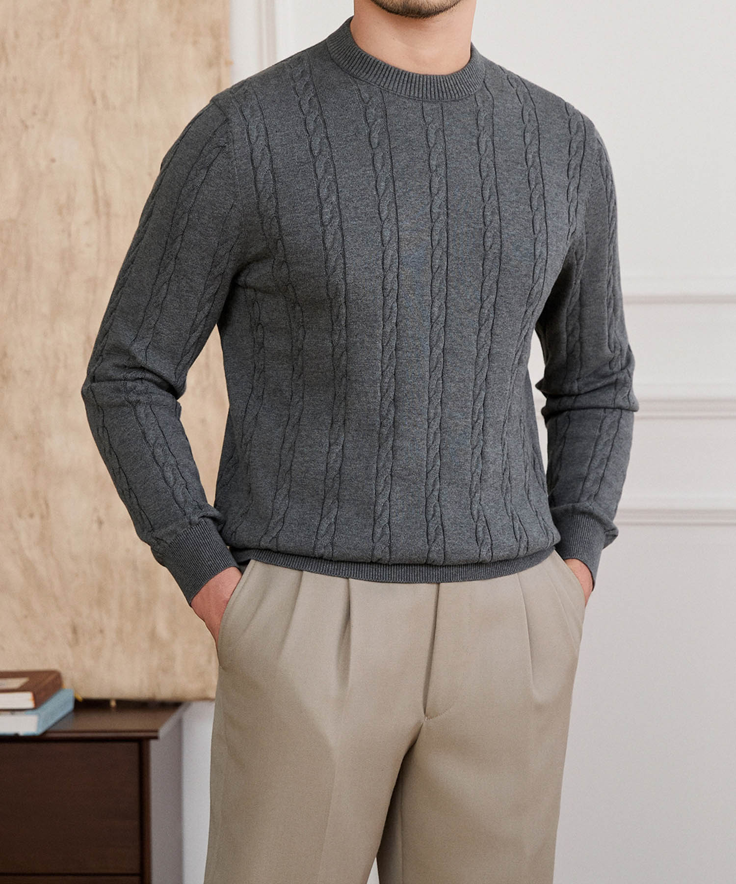 スリムフィット リブ ニット ベーシック エレガント 機能性抜群 シワになりにくい クルーネック ロングスリーブ ケーブル ニット セーター