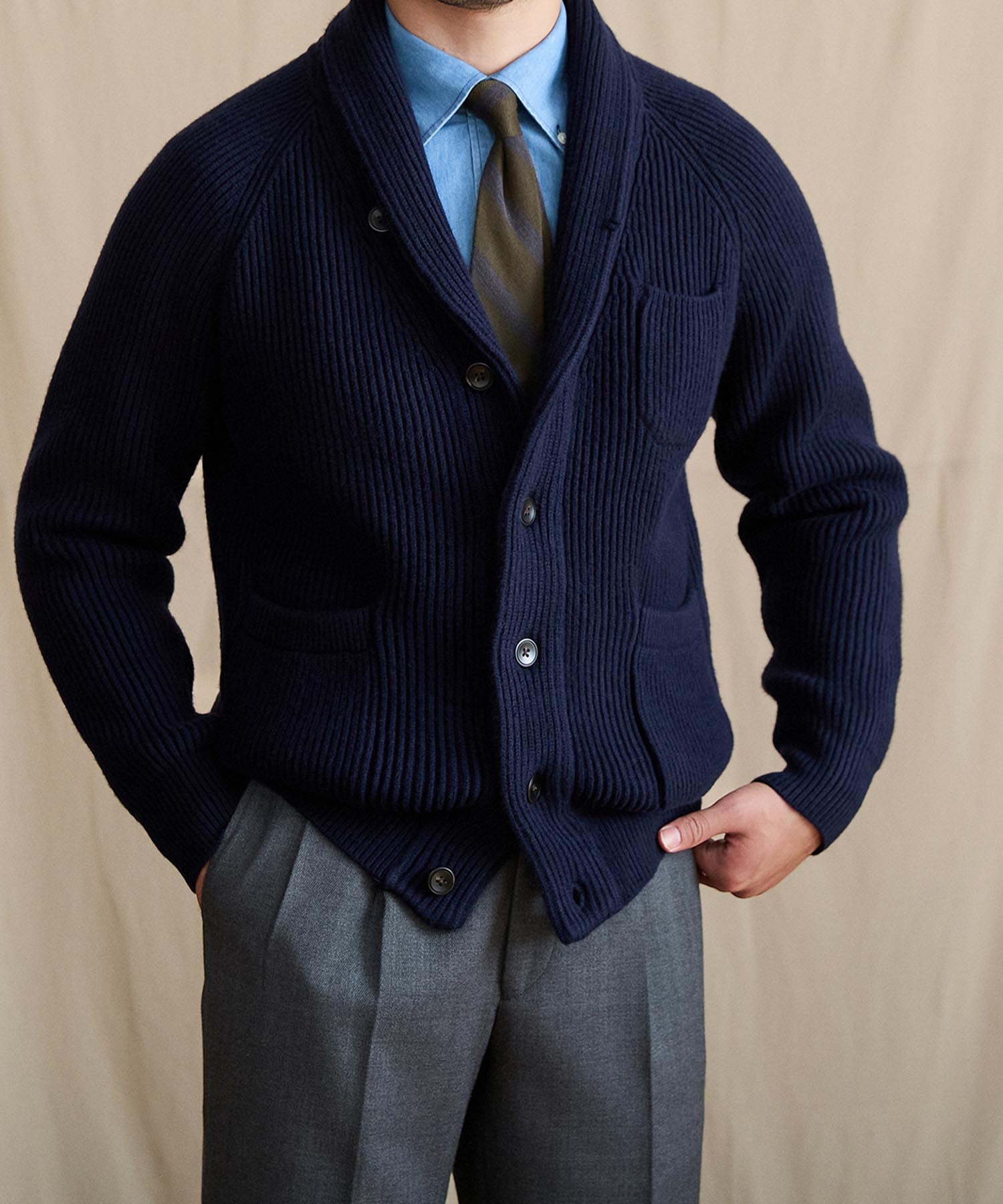 【NEW ITEM】スリムフィット 2WAY 機能性抜群 ウール 天然素材 ショールカラー ローゲージ シワになりにくい 清潔感 トップス リブ ニット セーター