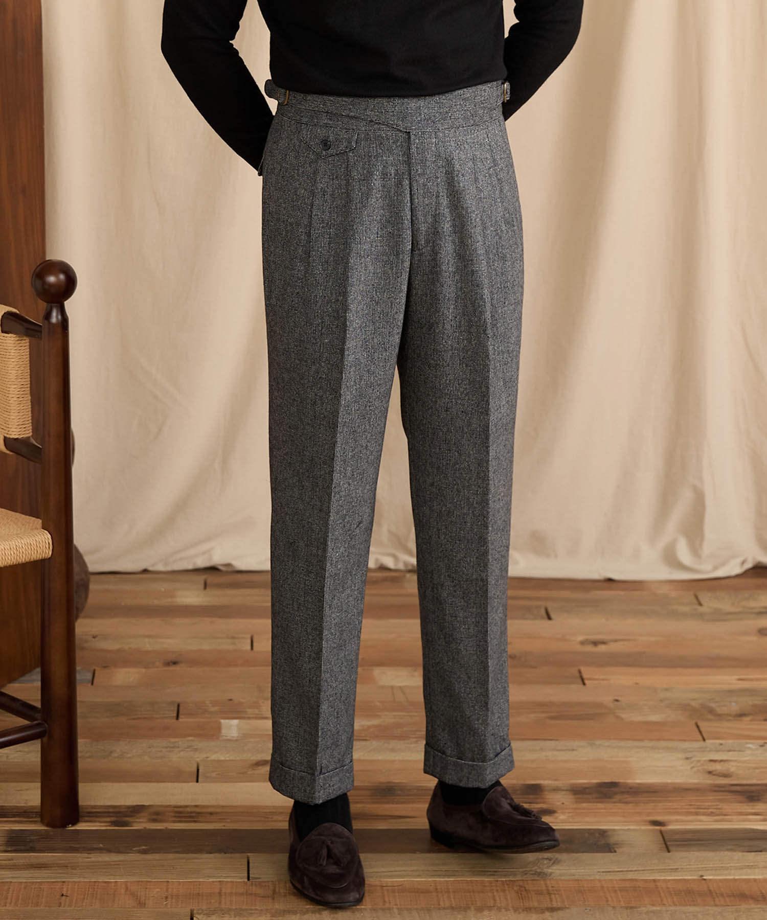 【NEW ITEM】レギュラーフィット 1つボタン ラップウエスト サイズ調整可能 ウール ハイウエスト コインポケット クリース クラシック シワになりにくい ダブル トラウザー パンツ スラックス ズボン