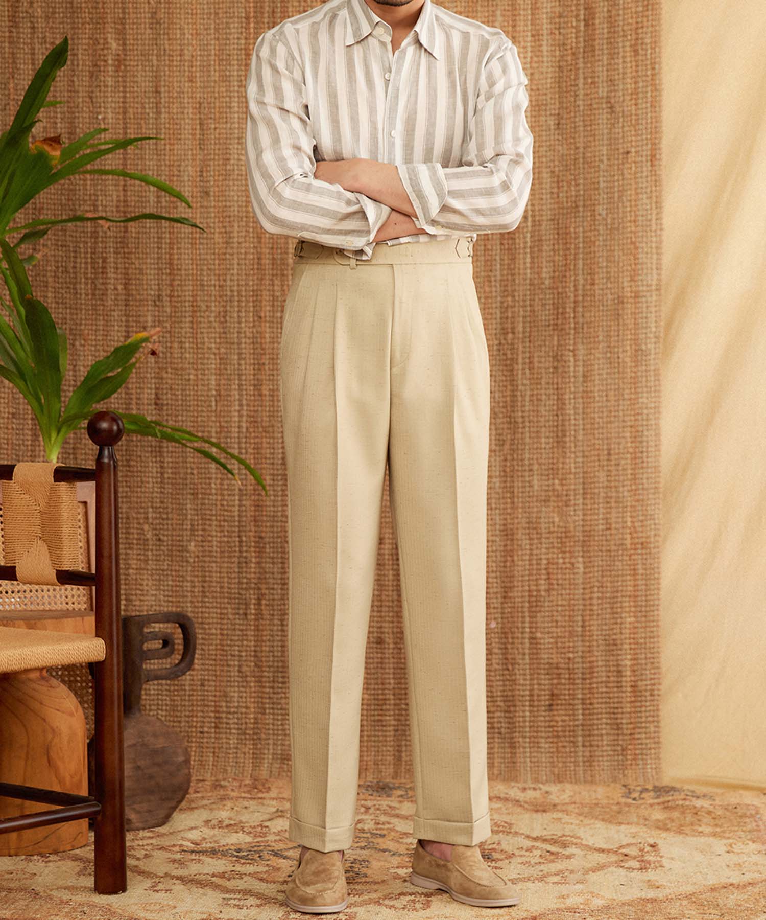 【NEW ITEM】スリムフィット 1つボタン ウエストベルト サイズ調整可能 ツータック クリース シワになりにくい ストレート ダブル トラウザー パンツ スラックス ズボン