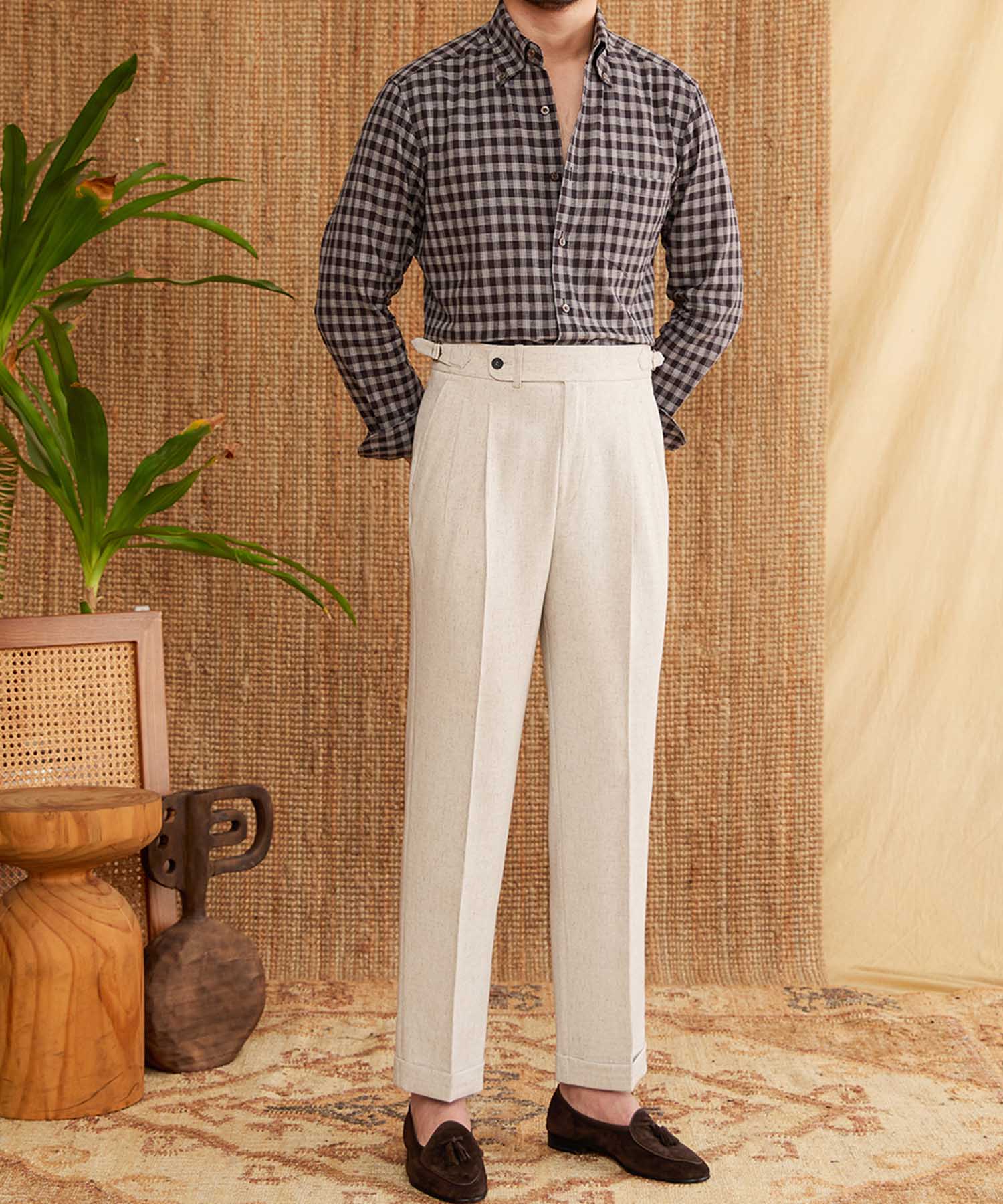 【NEW ITEM】スリムフィット 1つボタン ウエストベルト サイズ調整可能 麻 異素材 杢 ツータック クリース シワになりにくい ダブル トラウザー パンツ スラックス ズボン