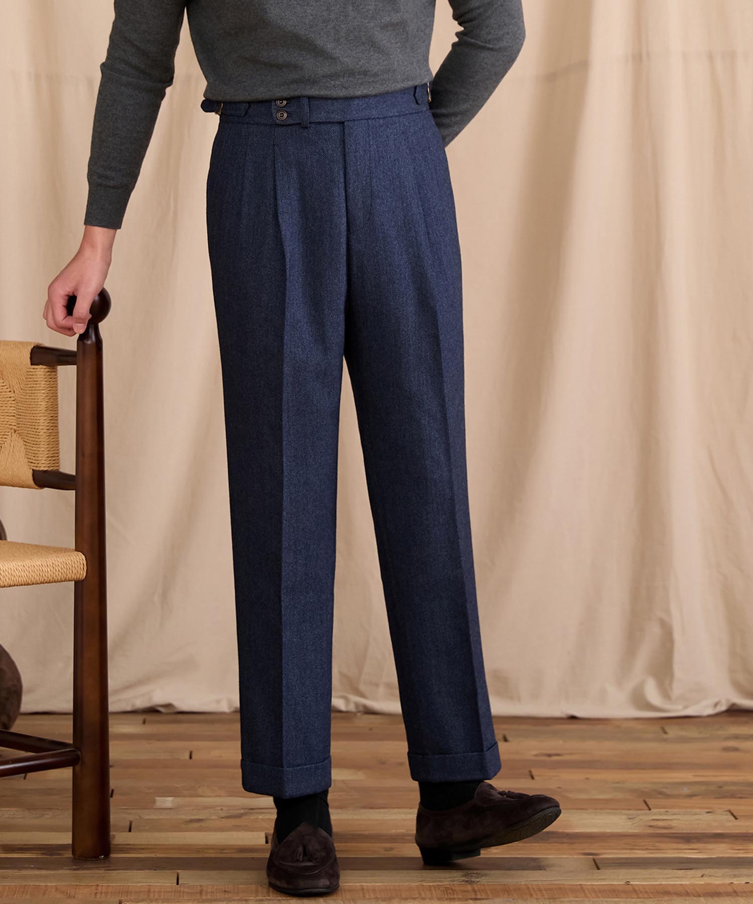 【NEW ITEM】レギュラーフィット 2つボタン ウエストサイドベルト サイズ調整可能 ウール ツータック クリース クラシック シワになりにくい ダブル トラウザー パンツ スラックス ズボン