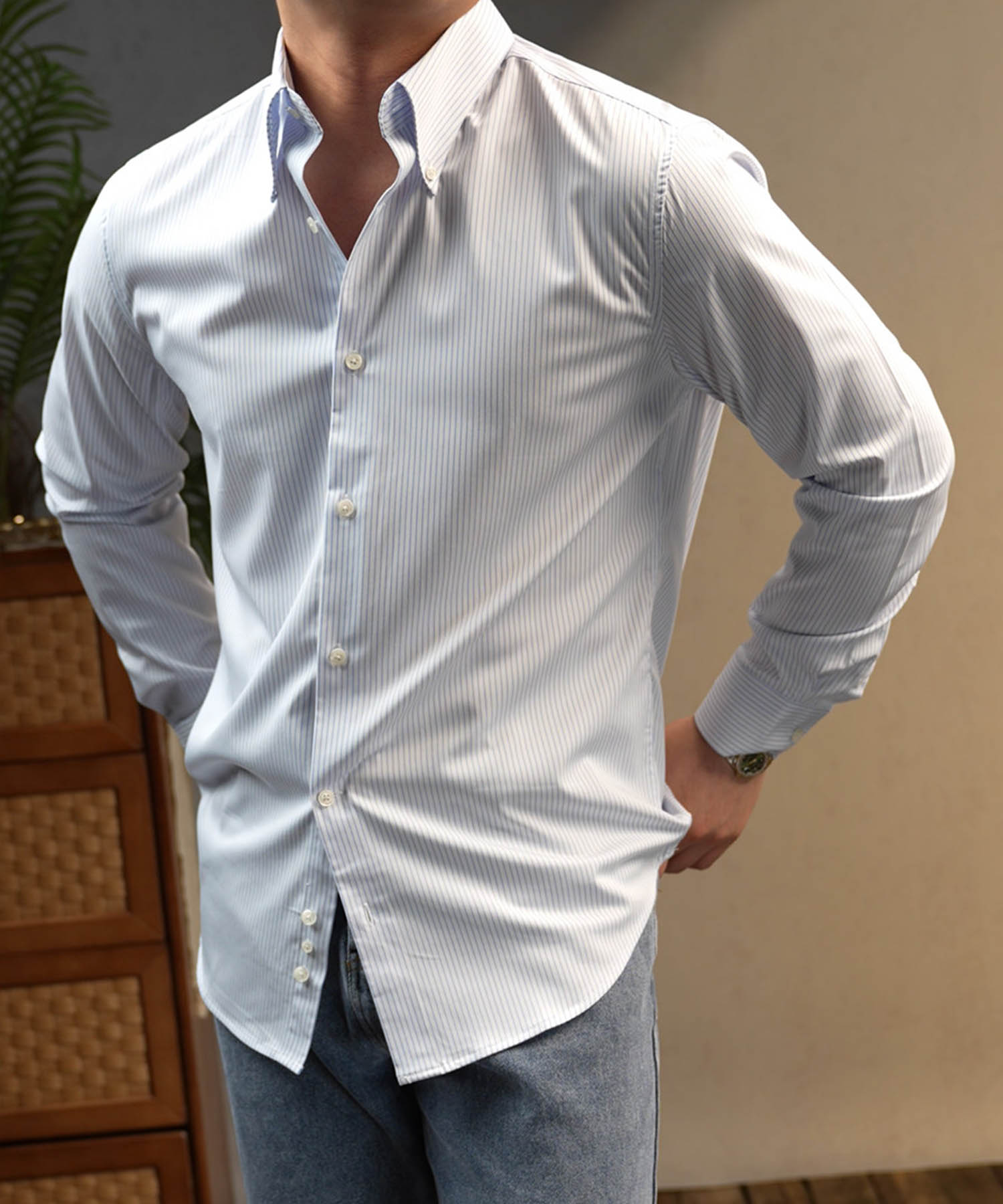 【NEW ITEM】スリムフィット ボタンダウン ストライプ 柄 機能性抜群 シワになりにくい 清潔感 ロングスリーブ ミニマル エレガンス スマート シャツ