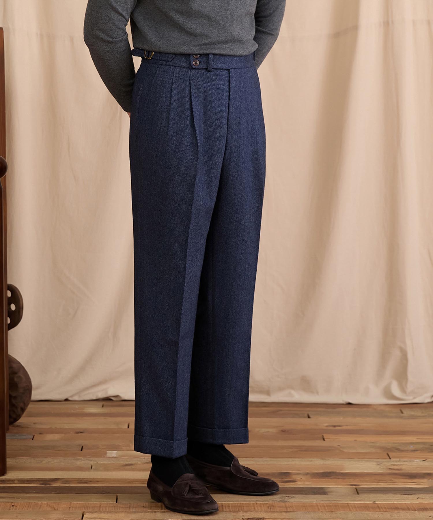 【NEW ITEM】レギュラーフィット 2つボタン ウエストサイドベルト サイズ調整可能 ウール ツータック クリース クラシック シワになりにくい ダブル トラウザー パンツ スラックス ズボン