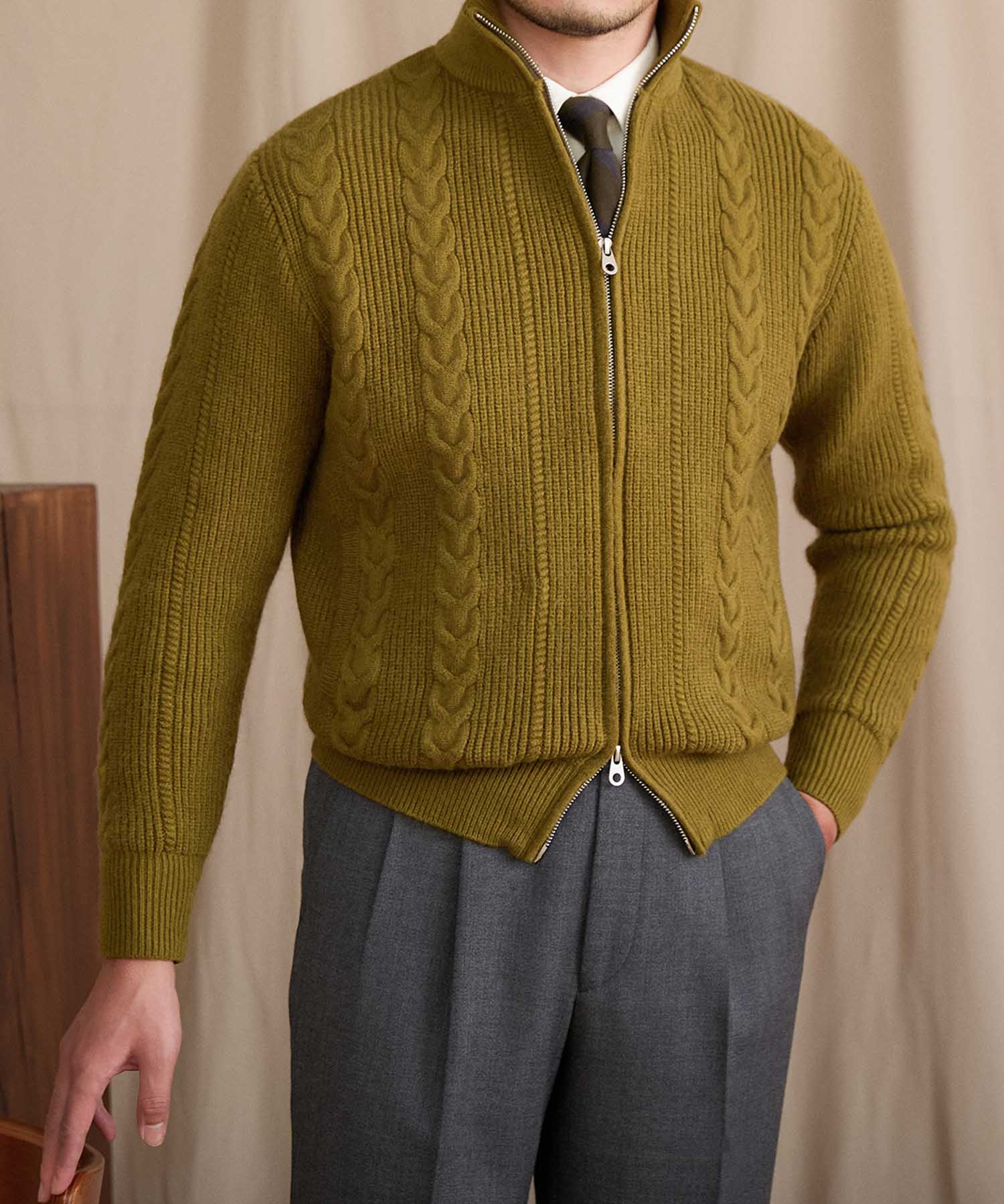 【COMING SOON】スリムフィット 2WAY 機能性抜群 オープン ジップ ケーブル編み シワになりにくい 清潔感 トップス リブ ニット セーター