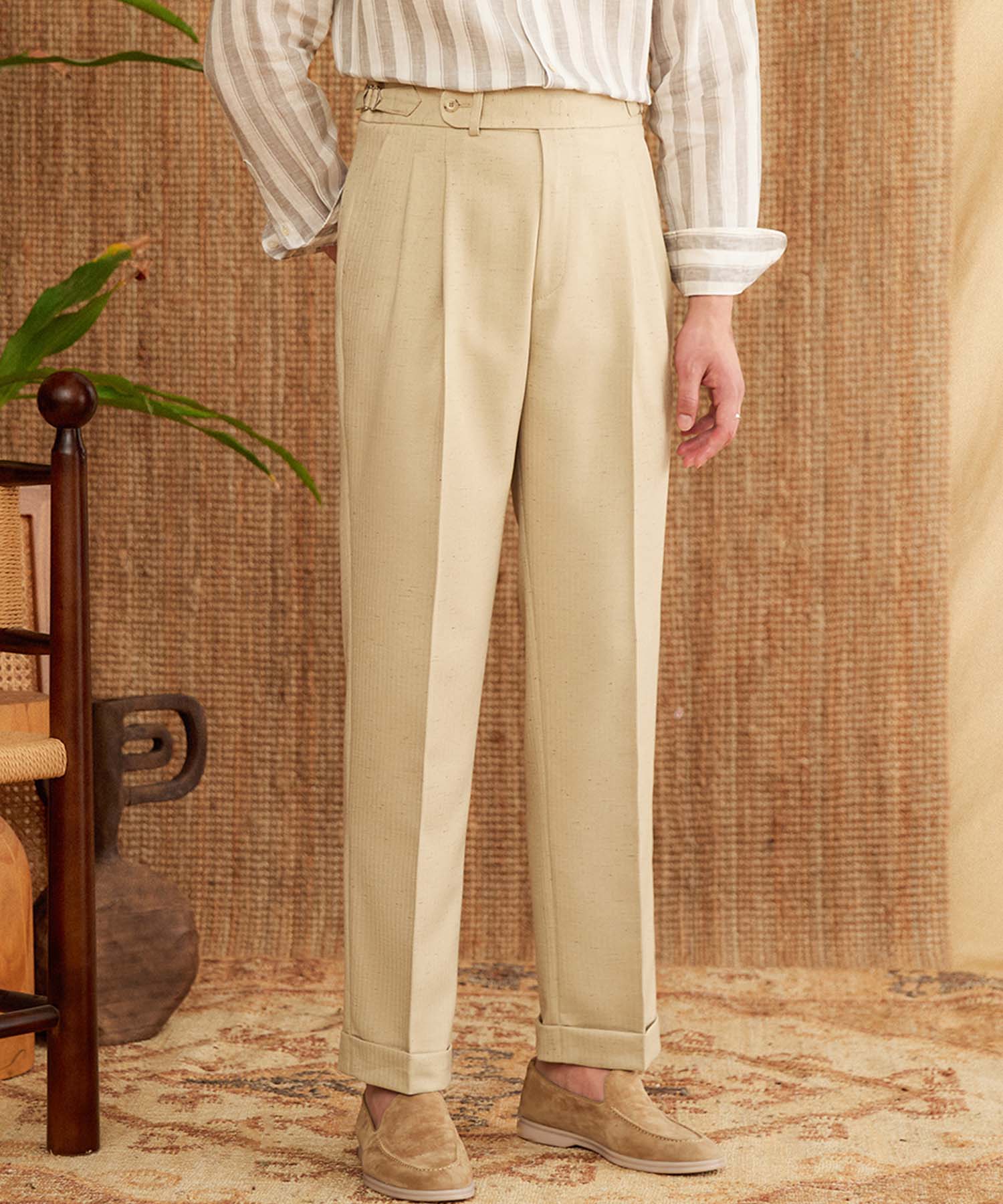 【NEW ITEM】スリムフィット 1つボタン ウエストベルト サイズ調整可能 ツータック クリース シワになりにくい ストレート ダブル トラウザー パンツ スラックス ズボン