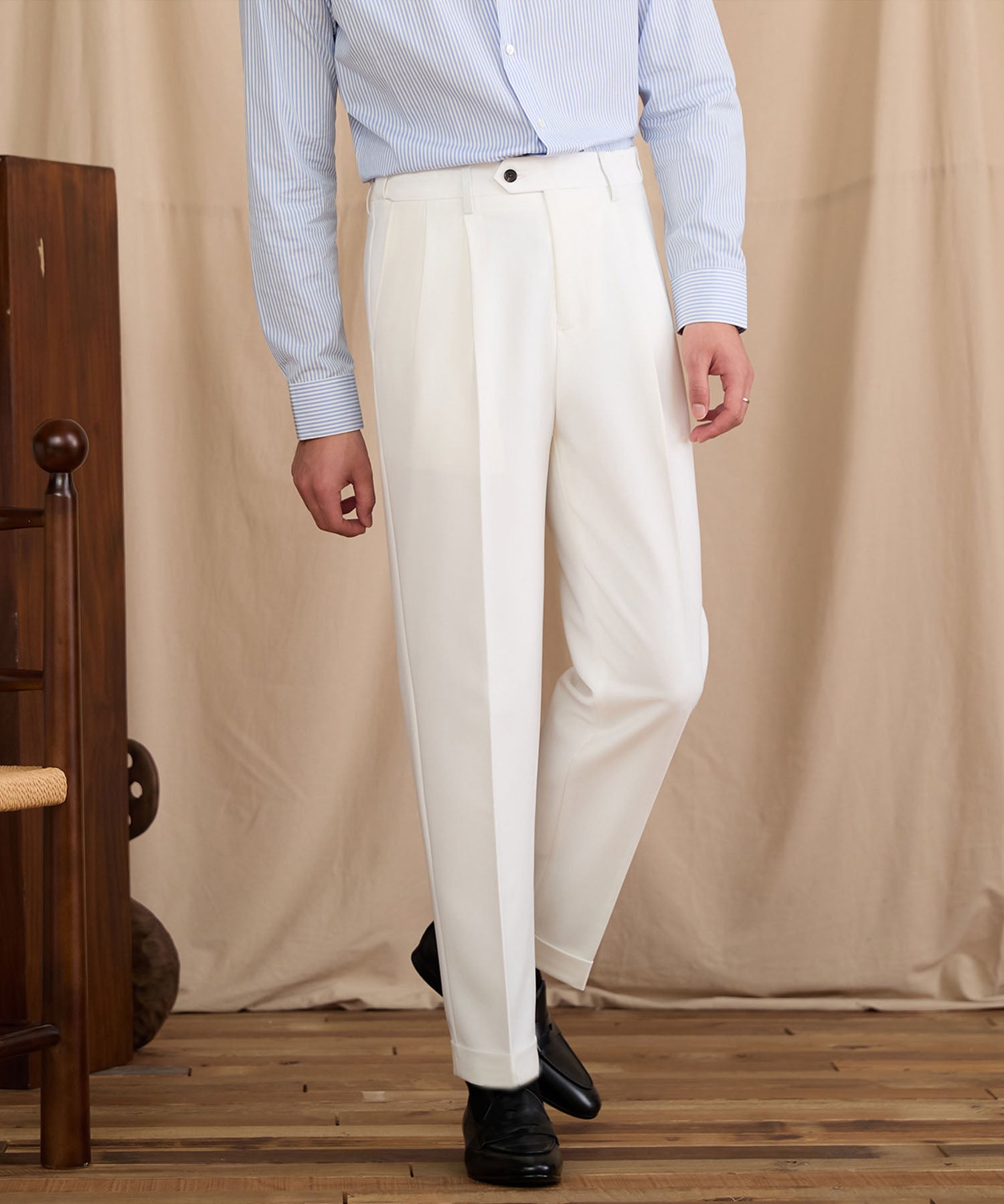 【NEW ITEM】レギュラーフィット 1つボタン ツータック クリース シワになりにくい モダン クラシック ダブル トラウザー パンツ スラックス ズボン