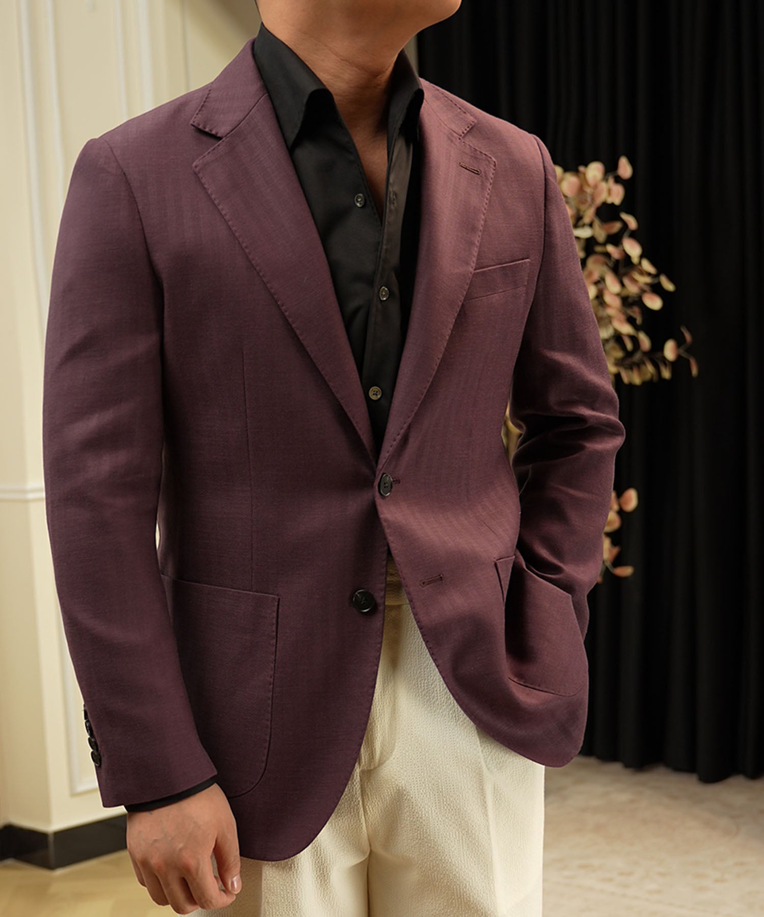 【NEW ITEM】スリムフィット シングルブレスト 2つボタン 無地 ワイドカラー パッチポケット 機能性抜群 シワになりにくい ノッチドラペル テーラード ジャケット