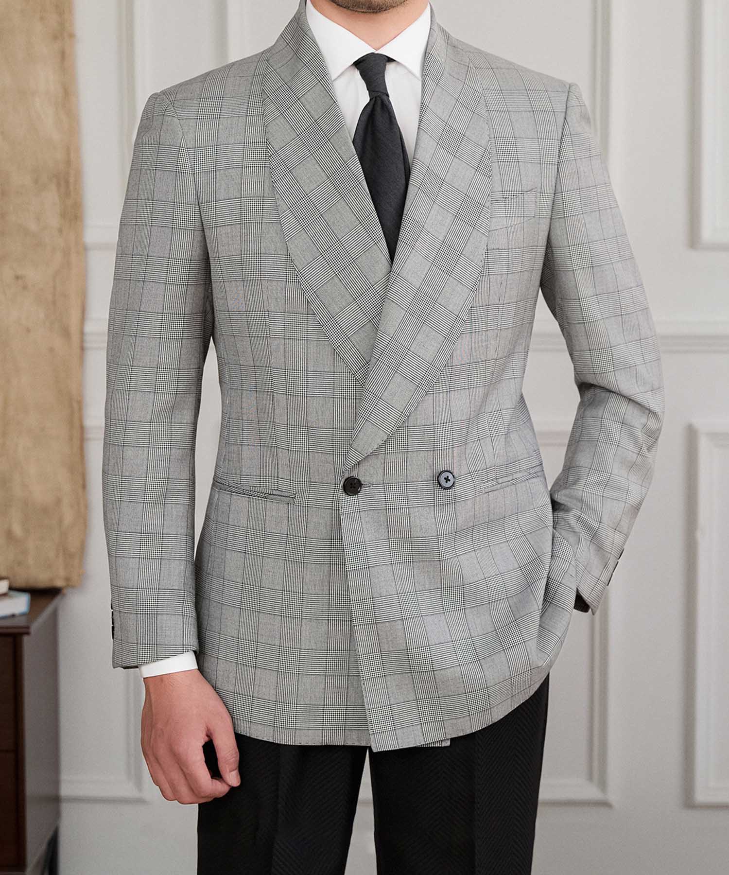 スリムフィット ダブルブレスト 2つボタン グレンチェック 柄 ショールカラー 玉縁ポケット クラシック スタンダード 機能性抜群 シワになりにくい エレガント テーラード ジャケット