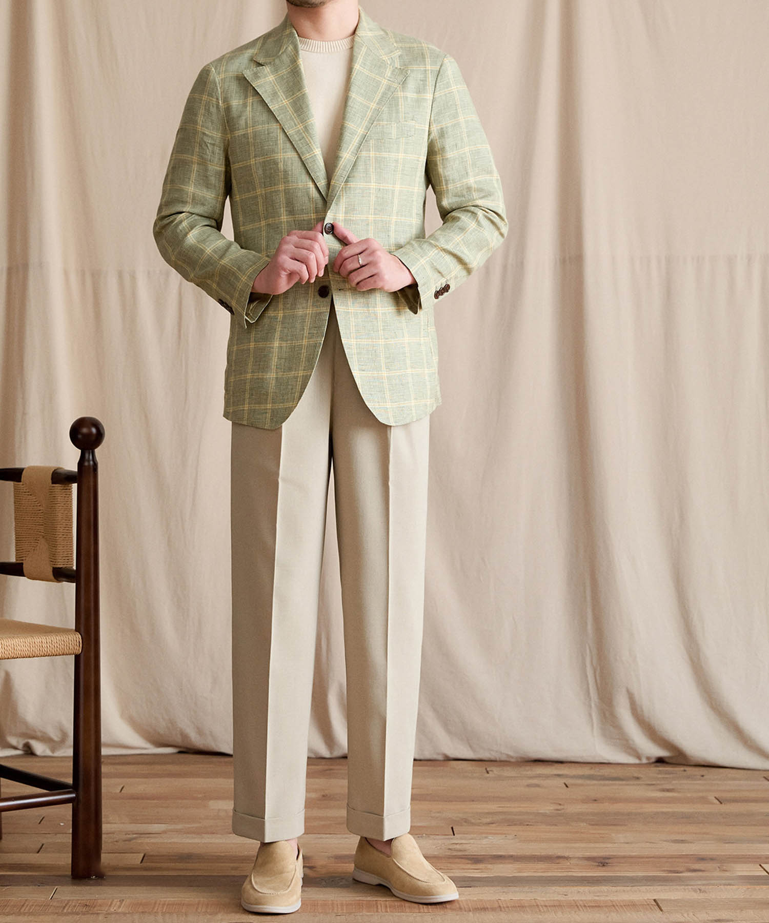 【NEW ITEM】スリムフィット シングルブレスト 2つボタン リネン 天然素材 チェック 柄 ピークドラペル 玉縁ポケット スタンダード 機能性抜群 シワになりにくい エレガント テーラード ジャケット