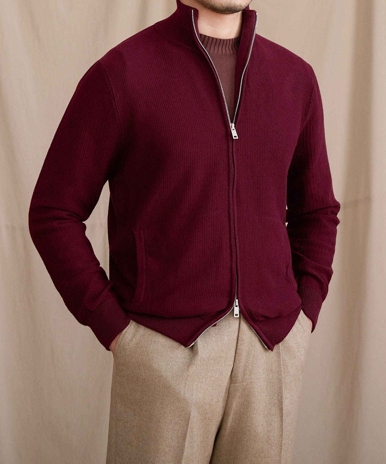 【NEW ITEM】スリムフィット 2WAY 機能性抜群 ウール 天然素材 オープン ジップ ハイゲージ シワになりにくい 清潔感 トップス リブ ニット セーター
