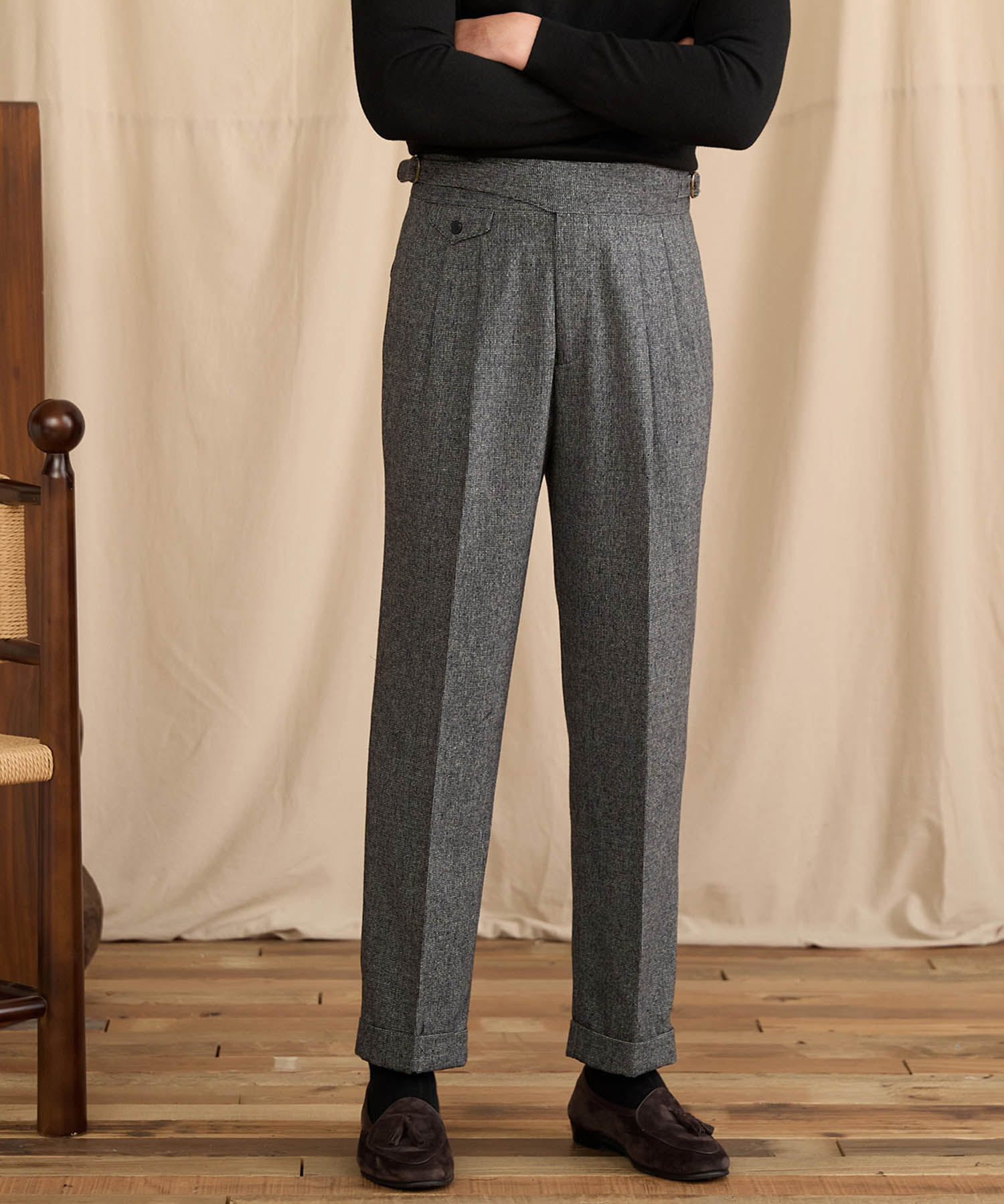 【NEW ITEM】レギュラーフィット 1つボタン ラップウエスト サイズ調整可能 ウール ハイウエスト コインポケット クリース クラシック シワになりにくい ダブル トラウザー パンツ スラックス ズボン