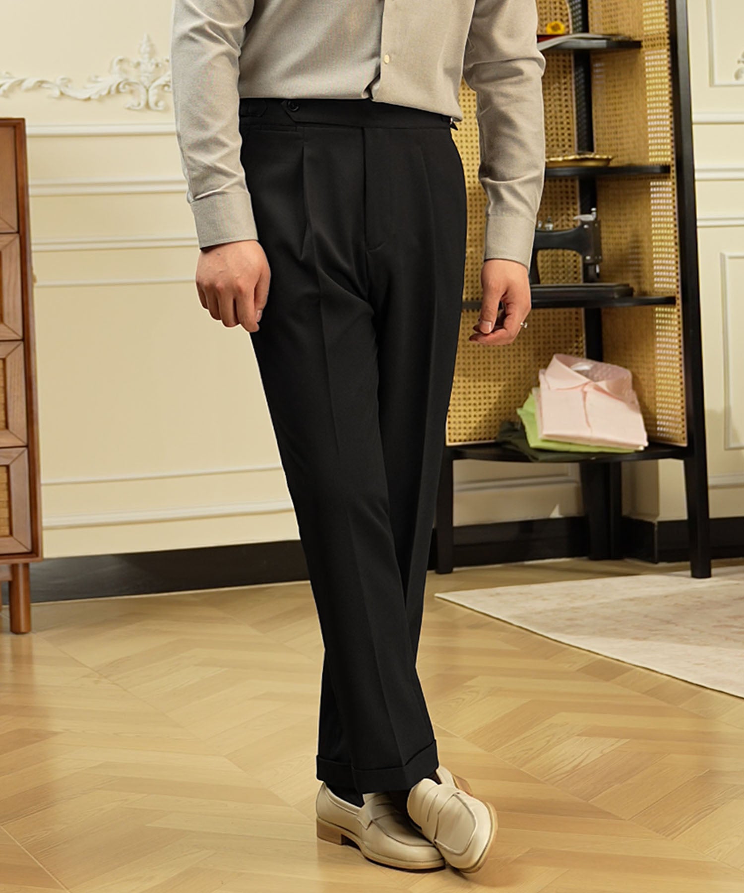 スリムフィット 1つボタン ウエストサイドベルト アジャスター サイズ調整可能 タック クリース シワになりにくい クラシック エレガンス ダブル トラウザー パンツ スラックス ズボン
