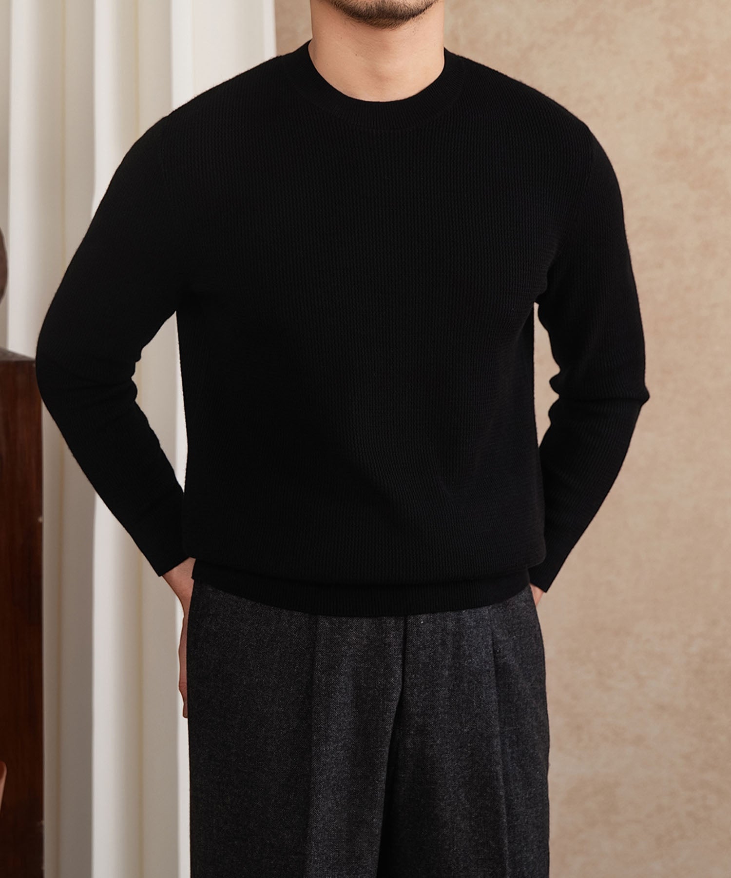 【NEW ITEM】スリムフィット 機能性抜群 ミニマル シワになりにくい 清潔感 トップス ロングスリーブ リブ ニット セーター