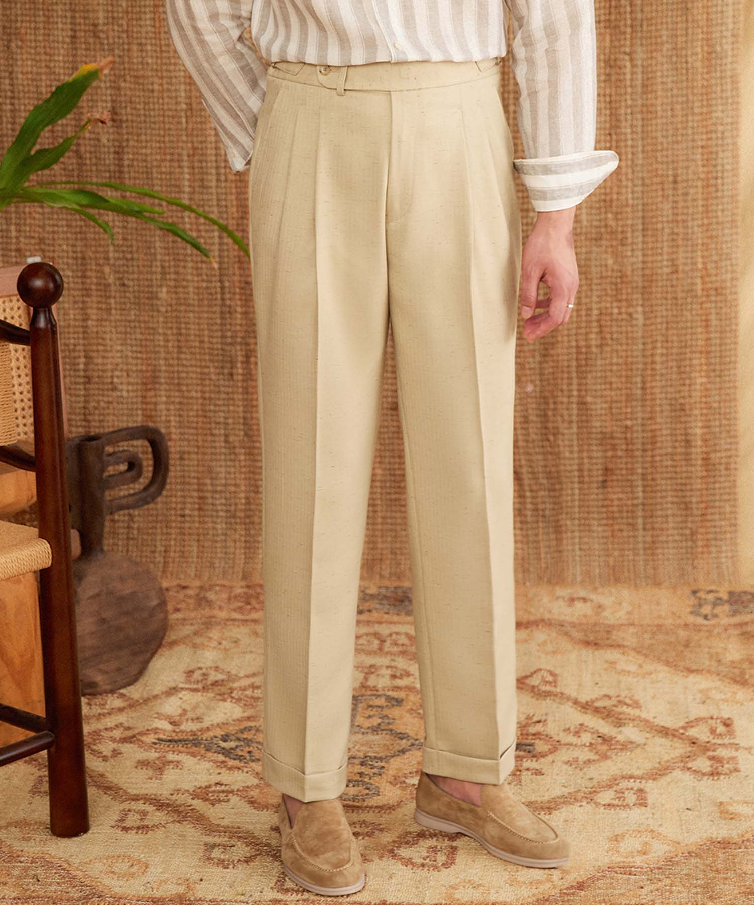 【NEW ITEM】スリムフィット 1つボタン ウエストベルト サイズ調整可能 ツータック クリース シワになりにくい ストレート ダブル トラウザー パンツ スラックス ズボン