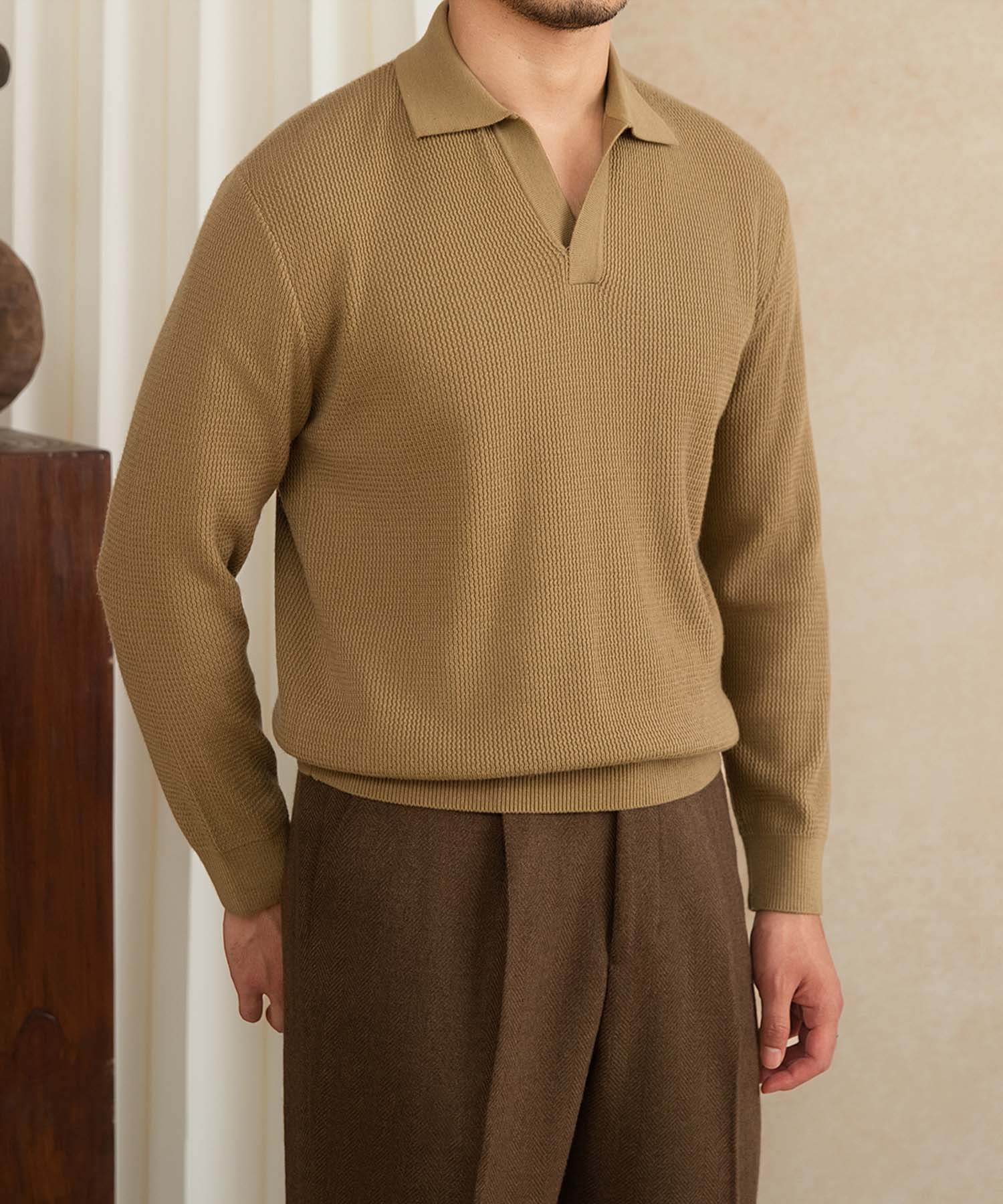 【NEW ITEM】スリムフィット 機能性抜群 襟付き 上品 シワになりにくい スマート トップス ロングスリーブ ポロ リブ ニット セーター