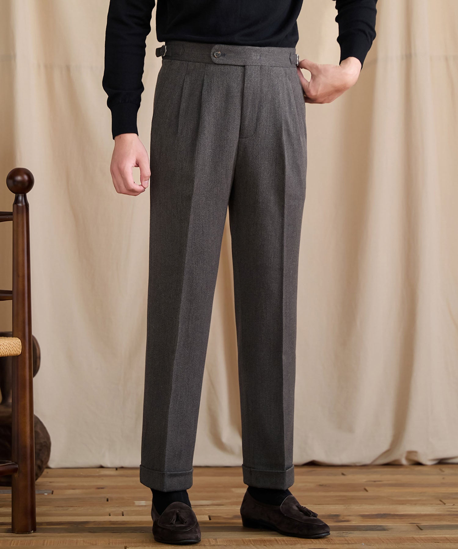 【NEW ITEM】スリムフィット 1つボタン ウエストサイドベルト サイズ調整可能 ウール ツータック クリース シワになりにくい ダブル トラウザー パンツ スラックス ズボン