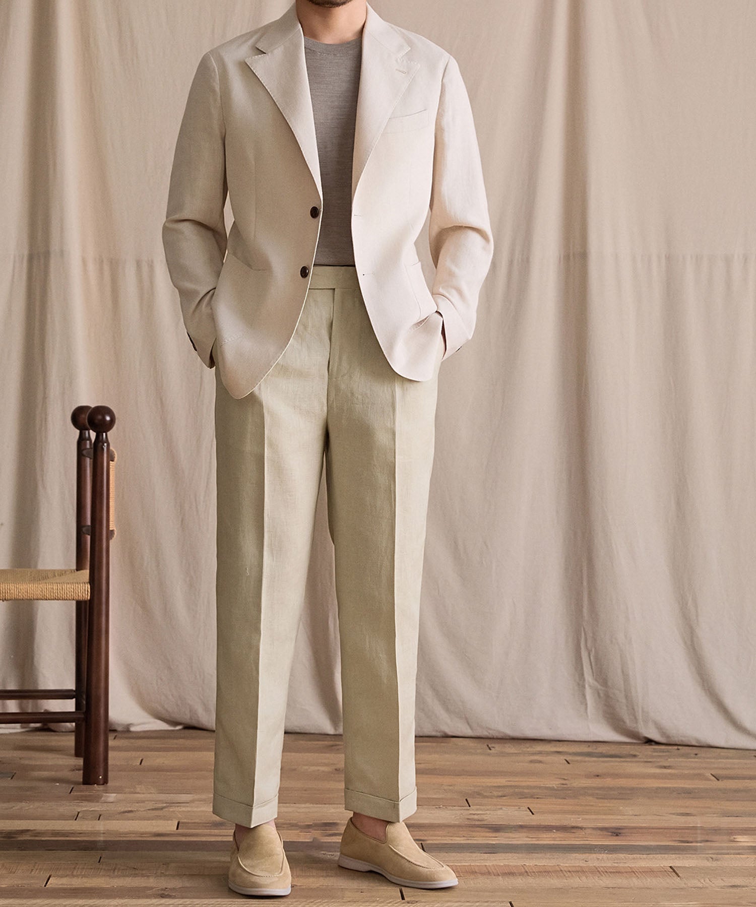 【NEW ITEM】スリムフィット シングルブレスト 2つボタン リネン 天然素材 ノッチドラペル パッチポケット クラシック スタンダード 機能性抜群 シワになりにくい エレガント テーラード ジャケット