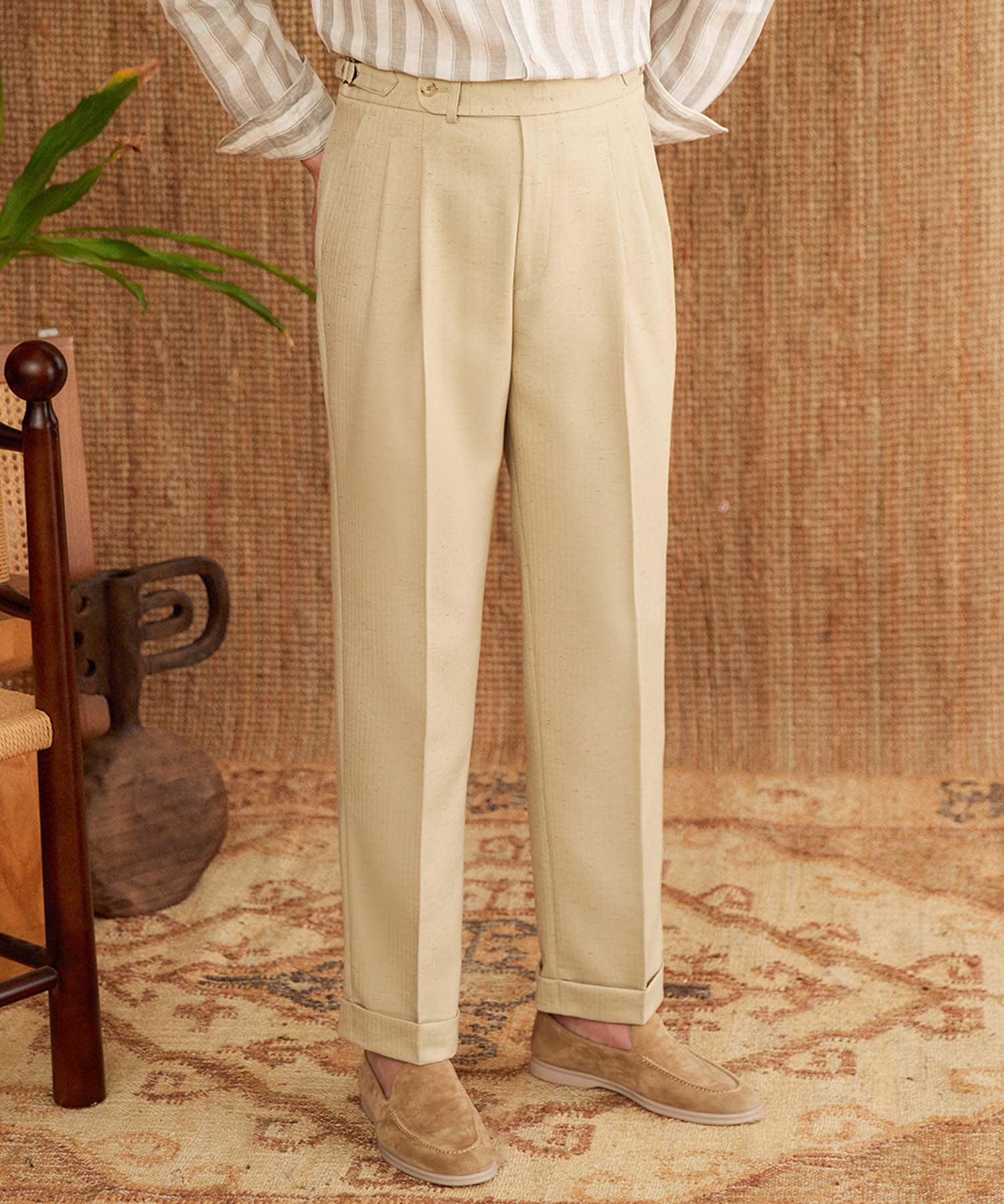 【NEW ITEM】スリムフィット 1つボタン ウエストベルト サイズ調整可能 ツータック クリース シワになりにくい ストレート ダブル トラウザー パンツ スラックス ズボン