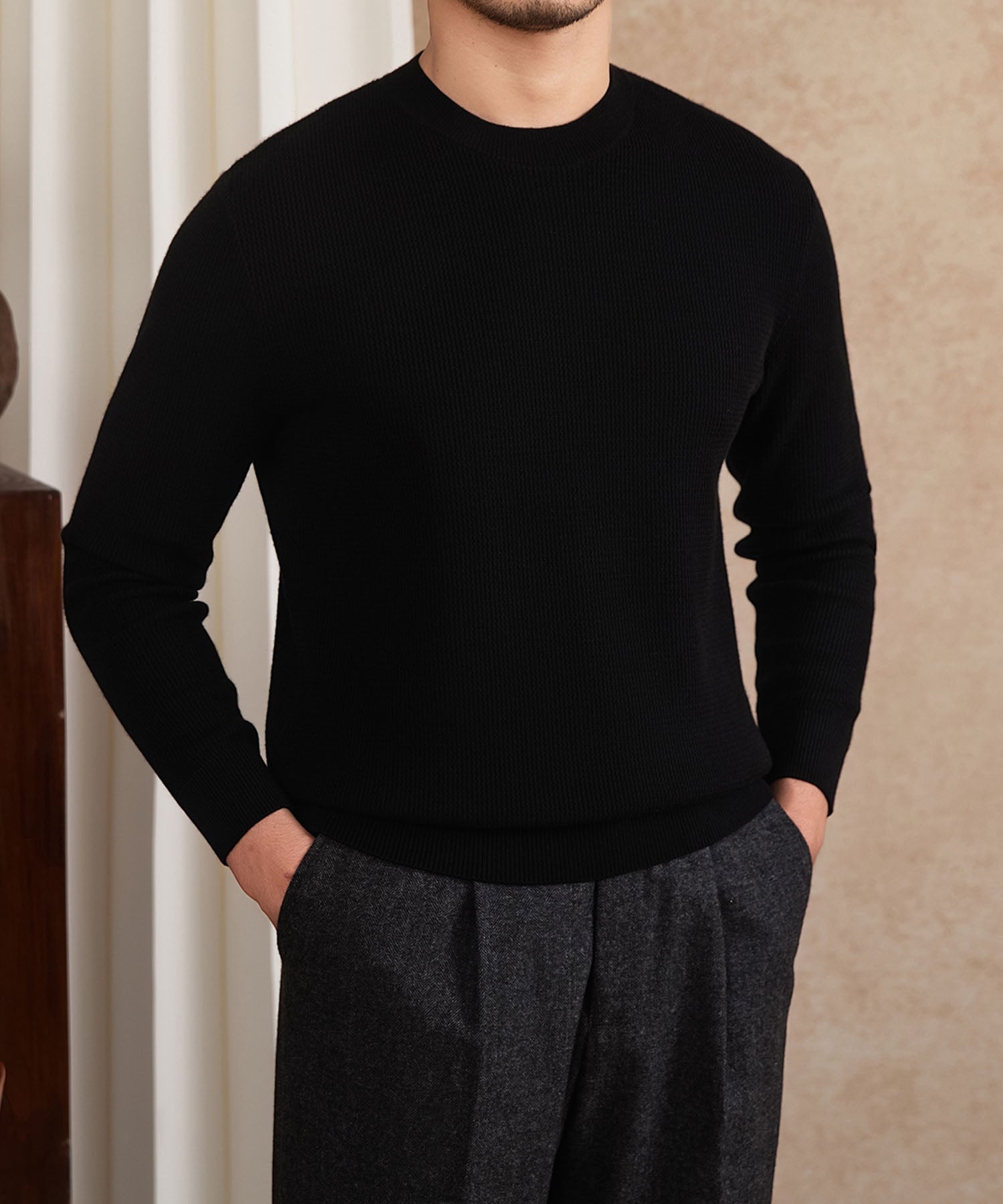 【NEW ITEM】スリムフィット 機能性抜群 ミニマル シワになりにくい 清潔感 トップス ロングスリーブ リブ ニット セーター