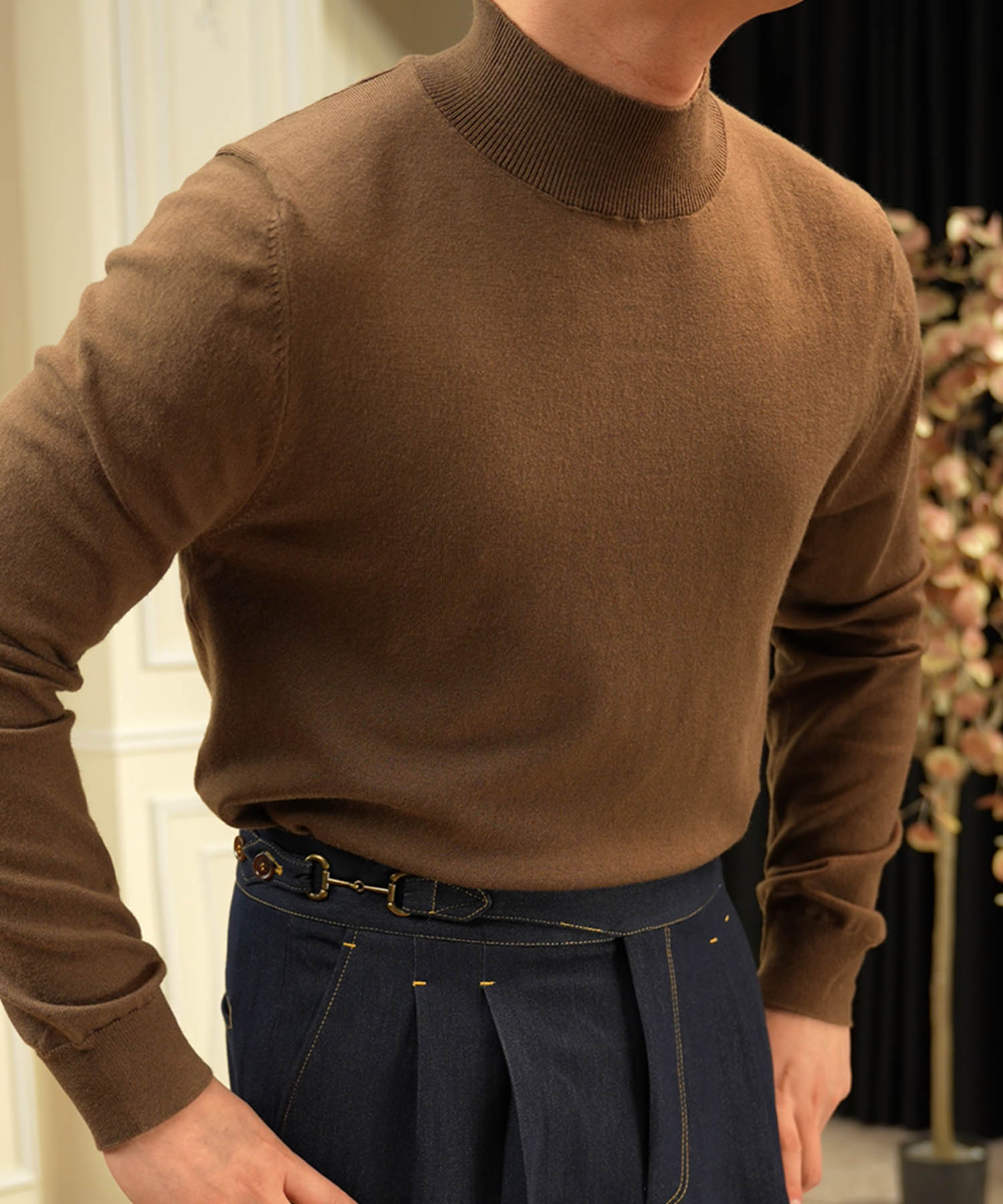 スリムフィット 機能性抜群 モックネック ハイネック 通気性抜群 シワになりにくい 清潔感 トップス リブ ニット セーター