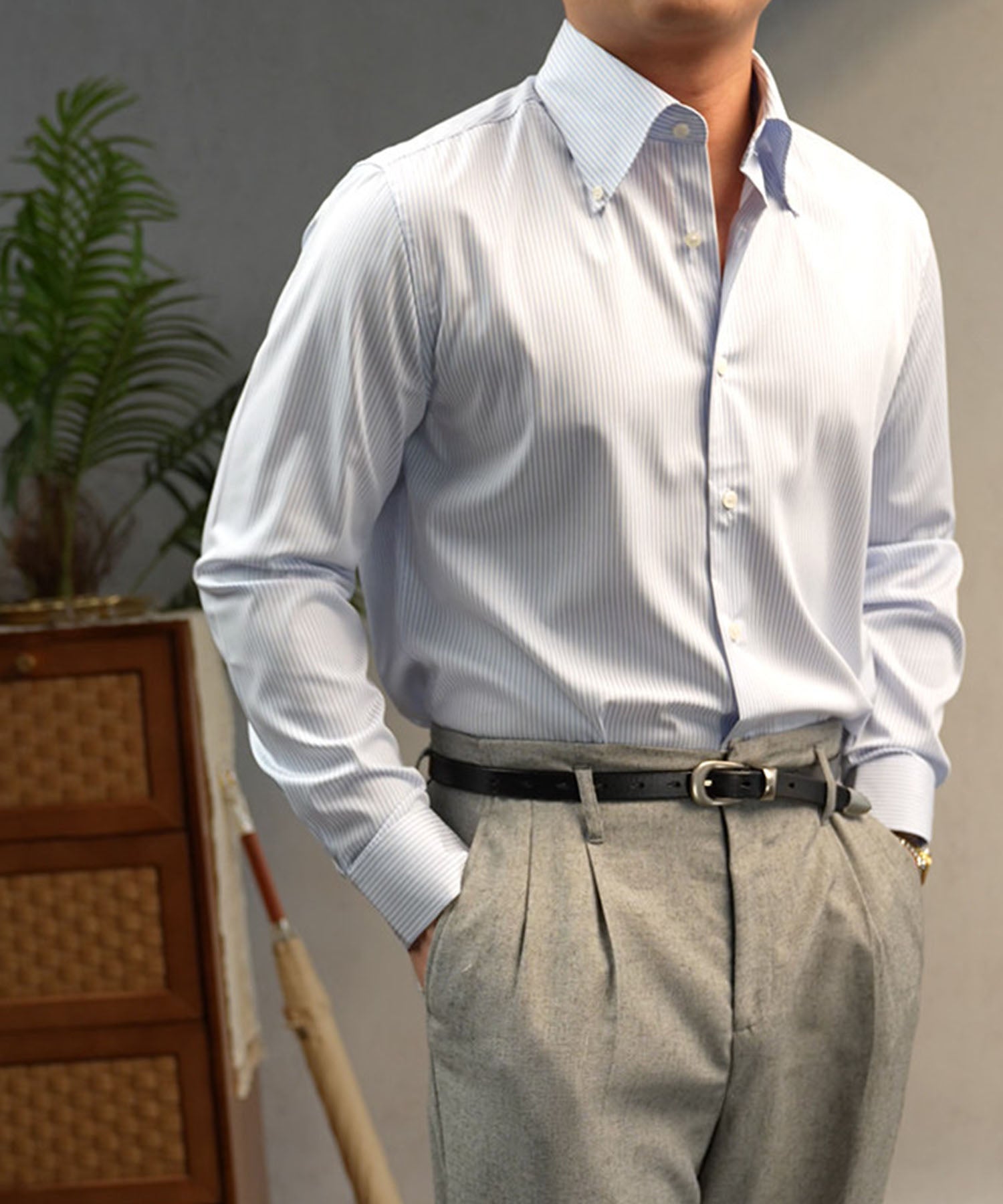 【NEW ITEM】スリムフィット ボタンダウン ストライプ 機能性抜群 シワになりにくい 清潔感 ロングスリーブ ミニマル エレガンス ベーシック シャツ