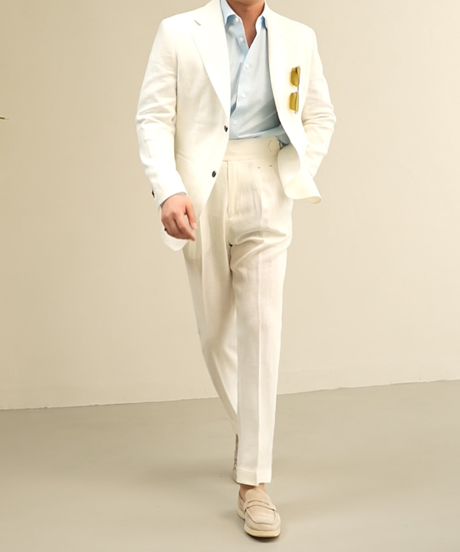 スリムフィット 機能性抜群 シングルブレスト 2つボタン 玉縁ポケット 胸ポケット ノッチドラペル 麻 天然素材 トラッドスタイル シワになりにくい エレガンス テーラード ジャケット セットアップ