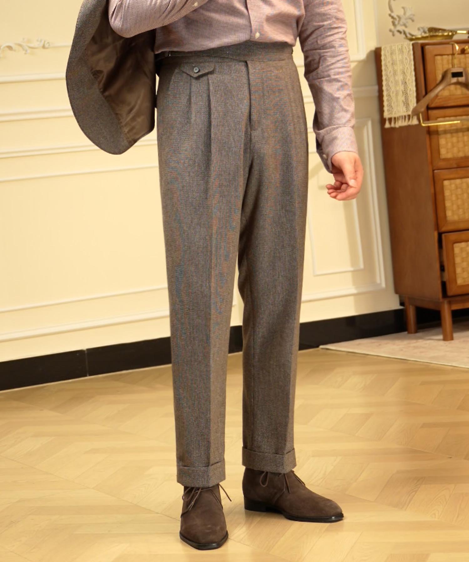 【NEW ITEM】レギュラーフィット ウール ウエストサイドベルト サイズ調整可能 コインポケット ツータック クリース シワになりにくい クラシック 構築美 ストレート ダブル トラウザー パンツ スラックス ズボン