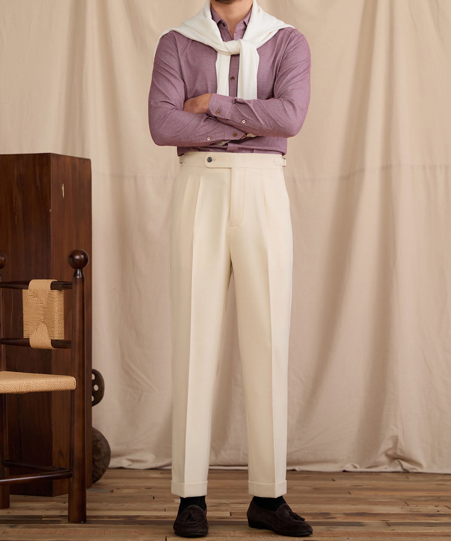【NEW ITEM】レギュラーフィット 1つボタン 綿 ウール 天然素材 ウエストサイドベルト サイズ調整可能 ツータック クリース シワになりにくい クラシック スタンダード ダブル トラウザー パンツ スラックス ズボン
