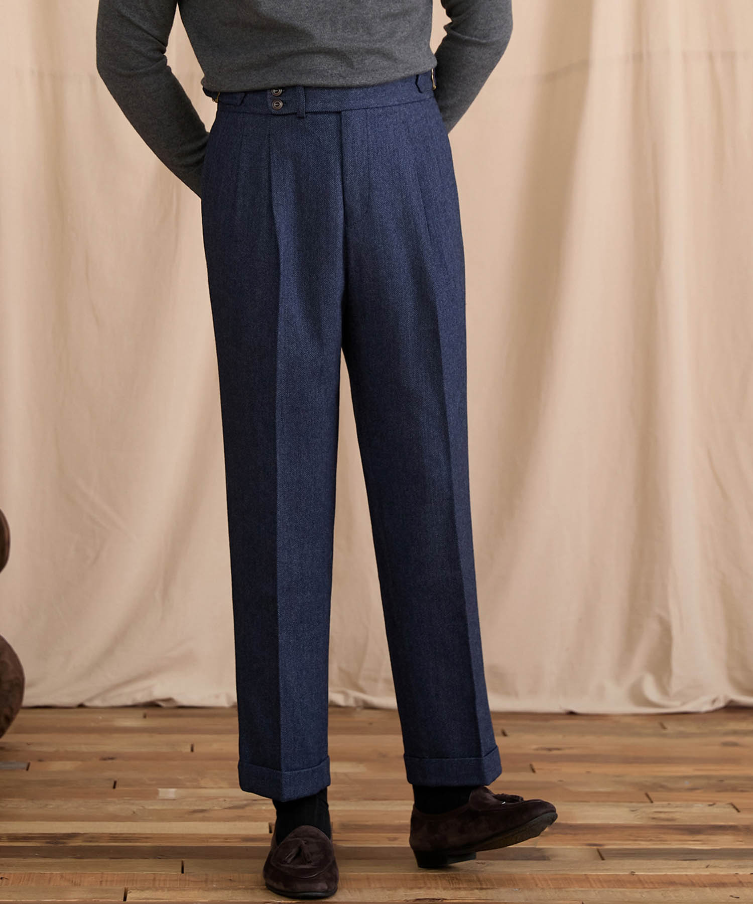 【NEW ITEM】レギュラーフィット 2つボタン ウエストサイドベルト サイズ調整可能 ウール ツータック クリース クラシック シワになりにくい ダブル トラウザー パンツ スラックス ズボン