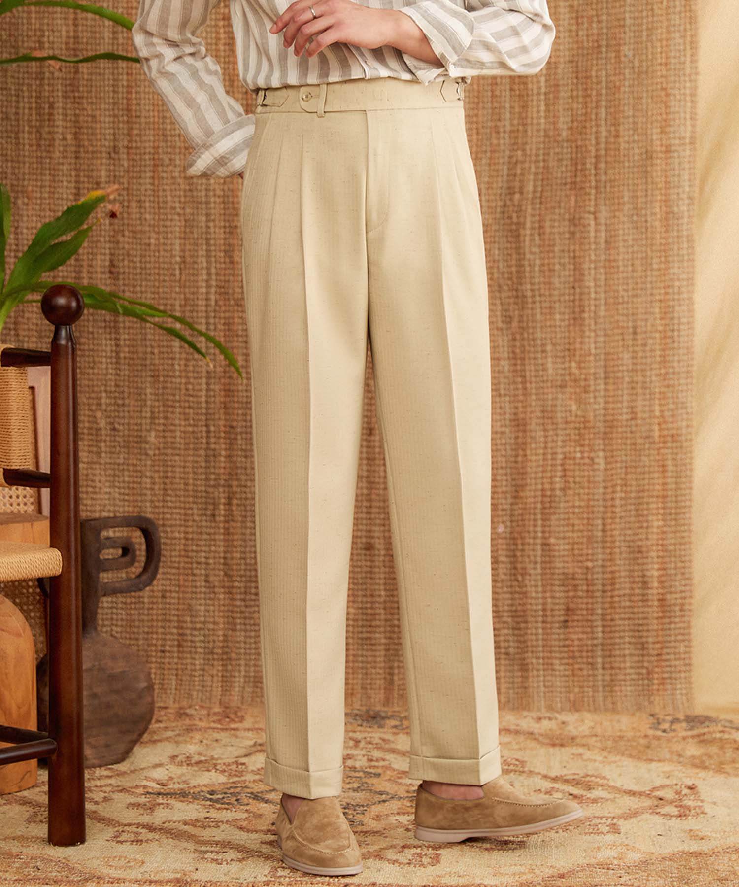 【NEW ITEM】スリムフィット 1つボタン ウエストベルト サイズ調整可能 ツータック クリース シワになりにくい ストレート ダブル トラウザー パンツ スラックス ズボン