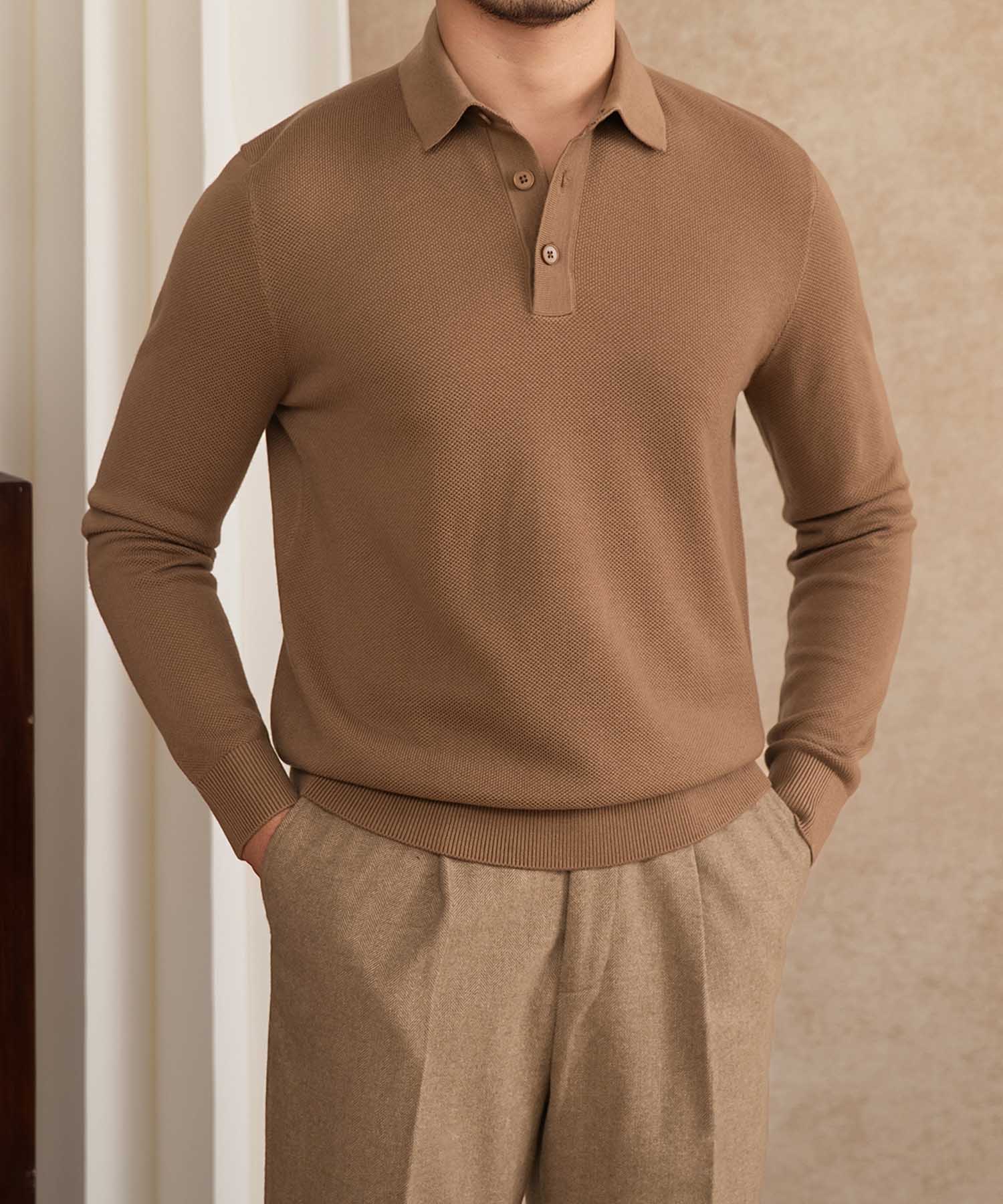 【COMING SOON】スリムフィット 機能性抜群 襟付き ミニマル シワになりにくい トップス ロングスリーブ ポロ リブ ニット セーター