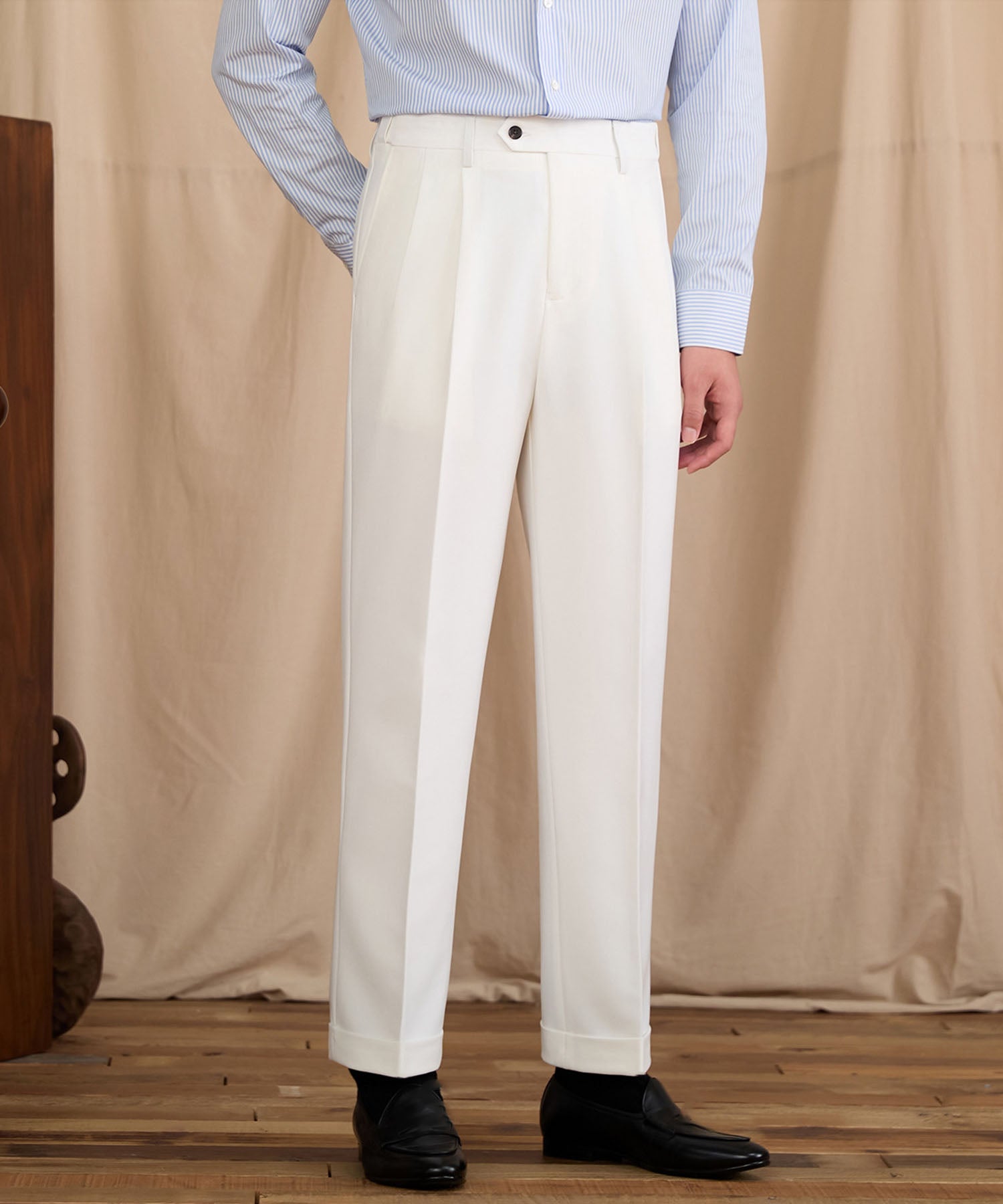 【NEW ITEM】レギュラーフィット 1つボタン ツータック クリース シワになりにくい モダン クラシック ダブル トラウザー パンツ スラックス ズボン