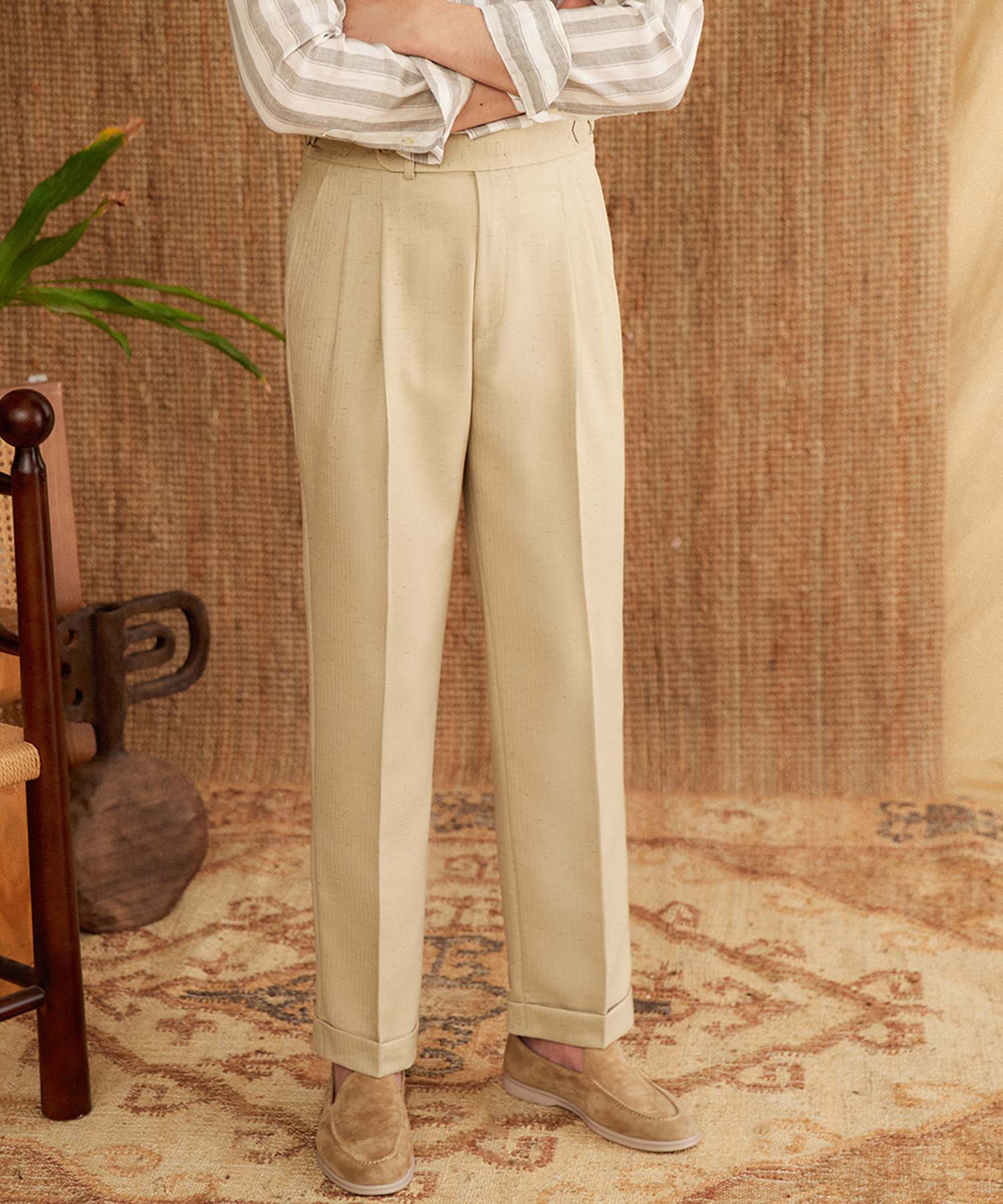 【NEW ITEM】スリムフィット 1つボタン ウエストベルト サイズ調整可能 ツータック クリース シワになりにくい ストレート ダブル トラウザー パンツ スラックス ズボン