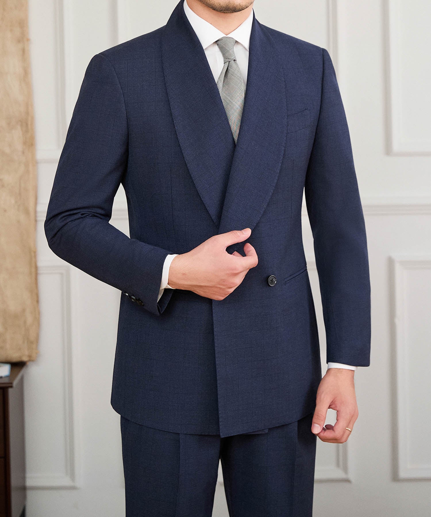 【NEW ITEM】スリムフィット ダブルブレスト 2つボタン ワイド ショールカラー 玉縁ポケット ミニマル クラシック スタンダード 機能性抜群 シワになりにくい エレガント セットアップ