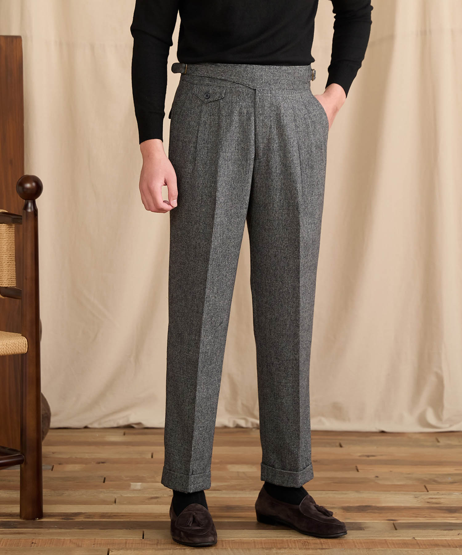 【NEW ITEM】レギュラーフィット 1つボタン ラップウエスト サイズ調整可能 ウール ハイウエスト コインポケット クリース クラシック シワになりにくい ダブル トラウザー パンツ スラックス ズボン