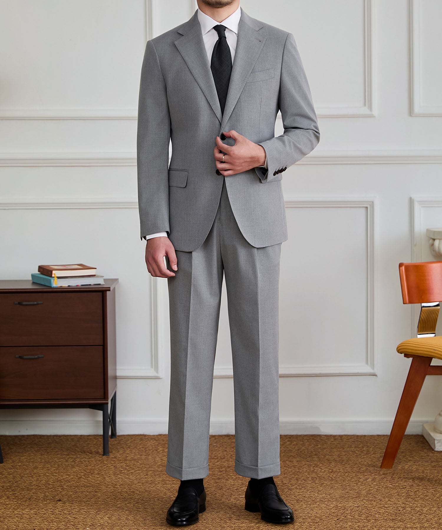 【NEW ITEM】スリムフィット シングルブレスト ノッチドラペル フラップポケット ベーシック スタンダード 機能性抜群 シワになりにくい エレガント セットアップ