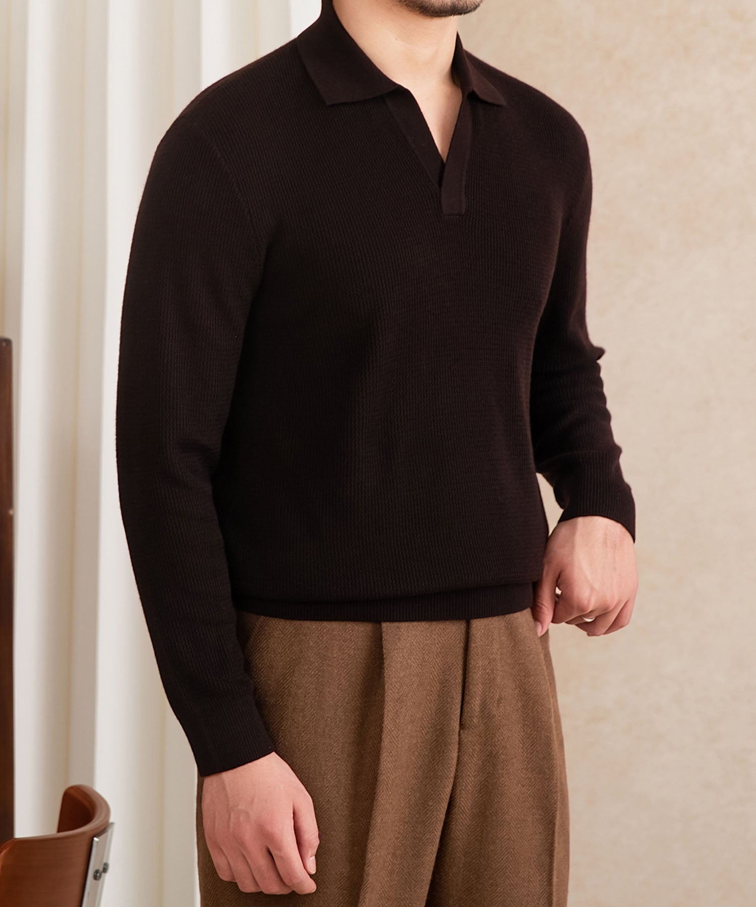 【NEW ITEM】スリムフィット 機能性抜群 襟付き 上品 シワになりにくい スマート トップス ロングスリーブ ポロ リブ ニット セーター