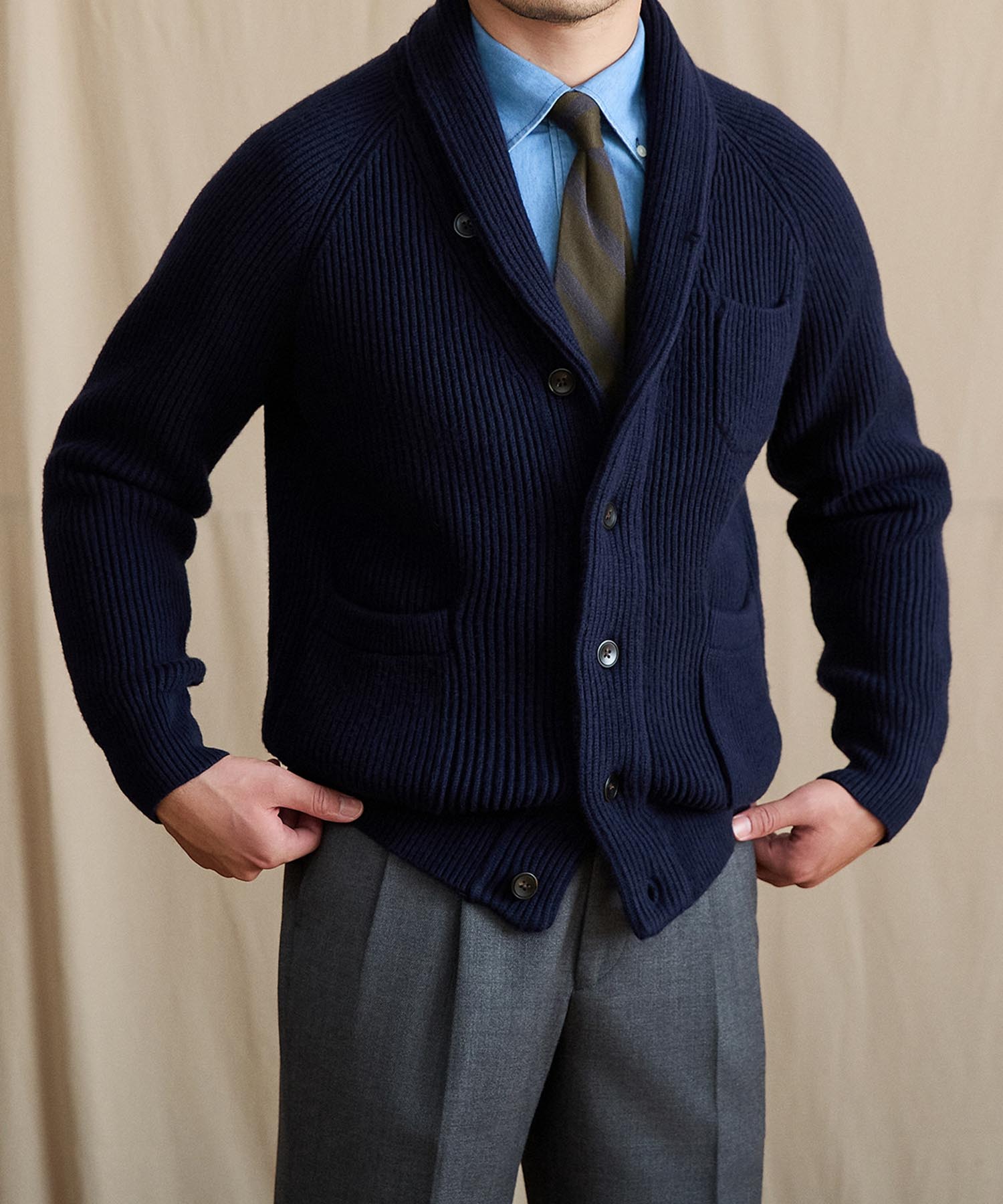 【NEW ITEM】スリムフィット 2WAY 機能性抜群 ウール 天然素材 ショールカラー ローゲージ シワになりにくい 清潔感 トップス リブ ニット セーター